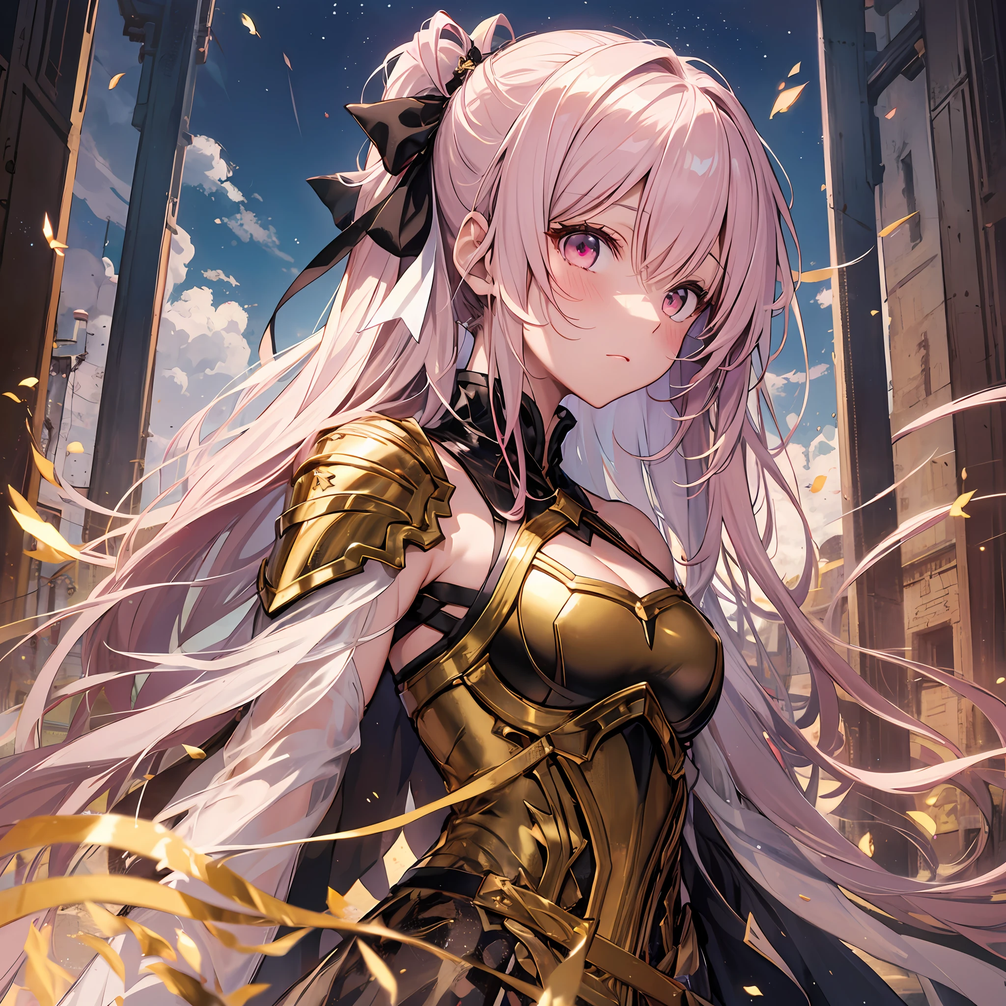 A masterpiece of literary text、best qualiy、Asuna\(stars\)、1girls、armature、bare shoulder、blushed、breastplate、Pink eyes、Pink hair、The dress、Blood Knight Uniform\(stars\)、Lambent Light、slong hair、Watch your audience、Luxurious Golden Ribbon、Golden Ribbon、Luxurious scabbard、Very long hair white armor、White dress ponytails Hairy hair