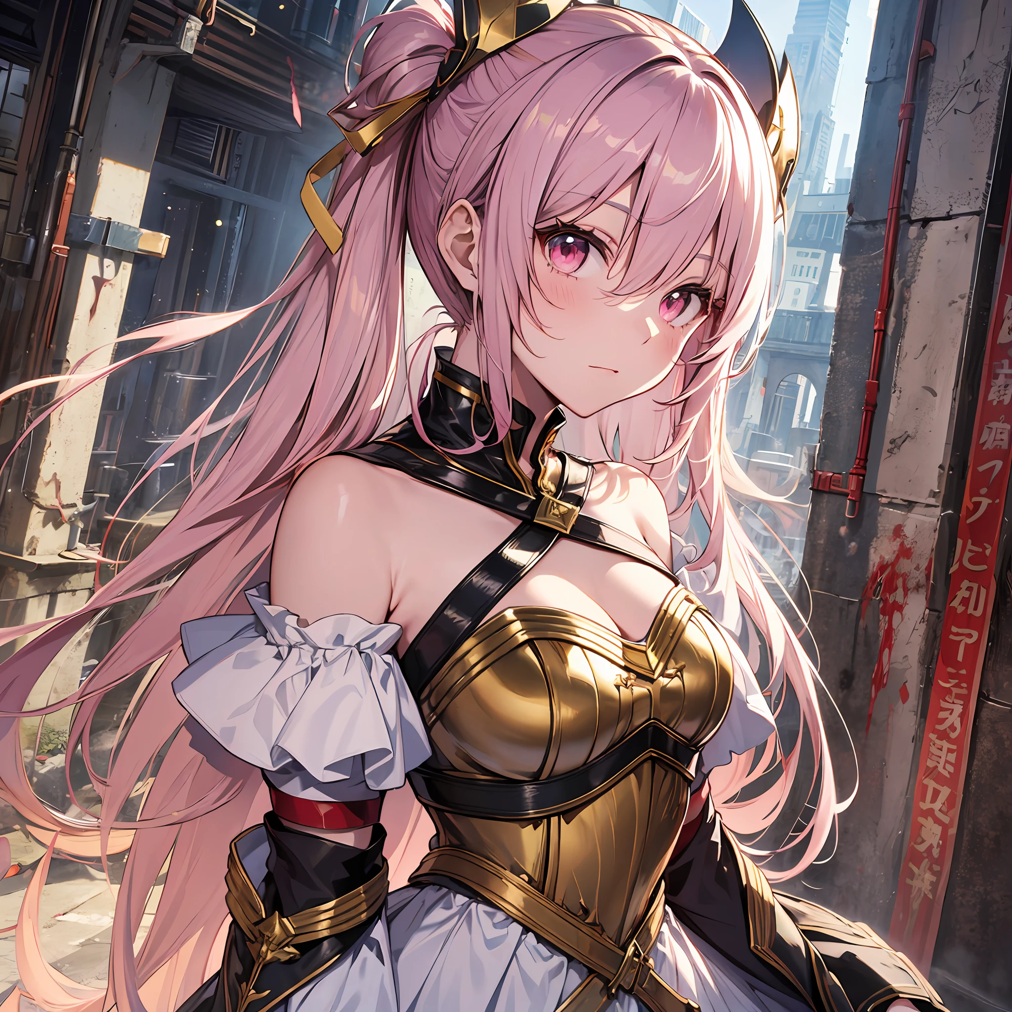 A masterpiece of literary text、best qualiy、Asuna\(stars\)、1girls、armature、bare shoulder、blushed、breastplate、Pink eyes、Pink hair、The dress、Blood Knight Uniform\(stars\)、Lambent Light、slong hair、Watch your audience、Luxurious Golden Ribbon、Golden Ribbon、Luxurious scabbard、Very long hair white armor、White dress　ponytails　Hairy hair