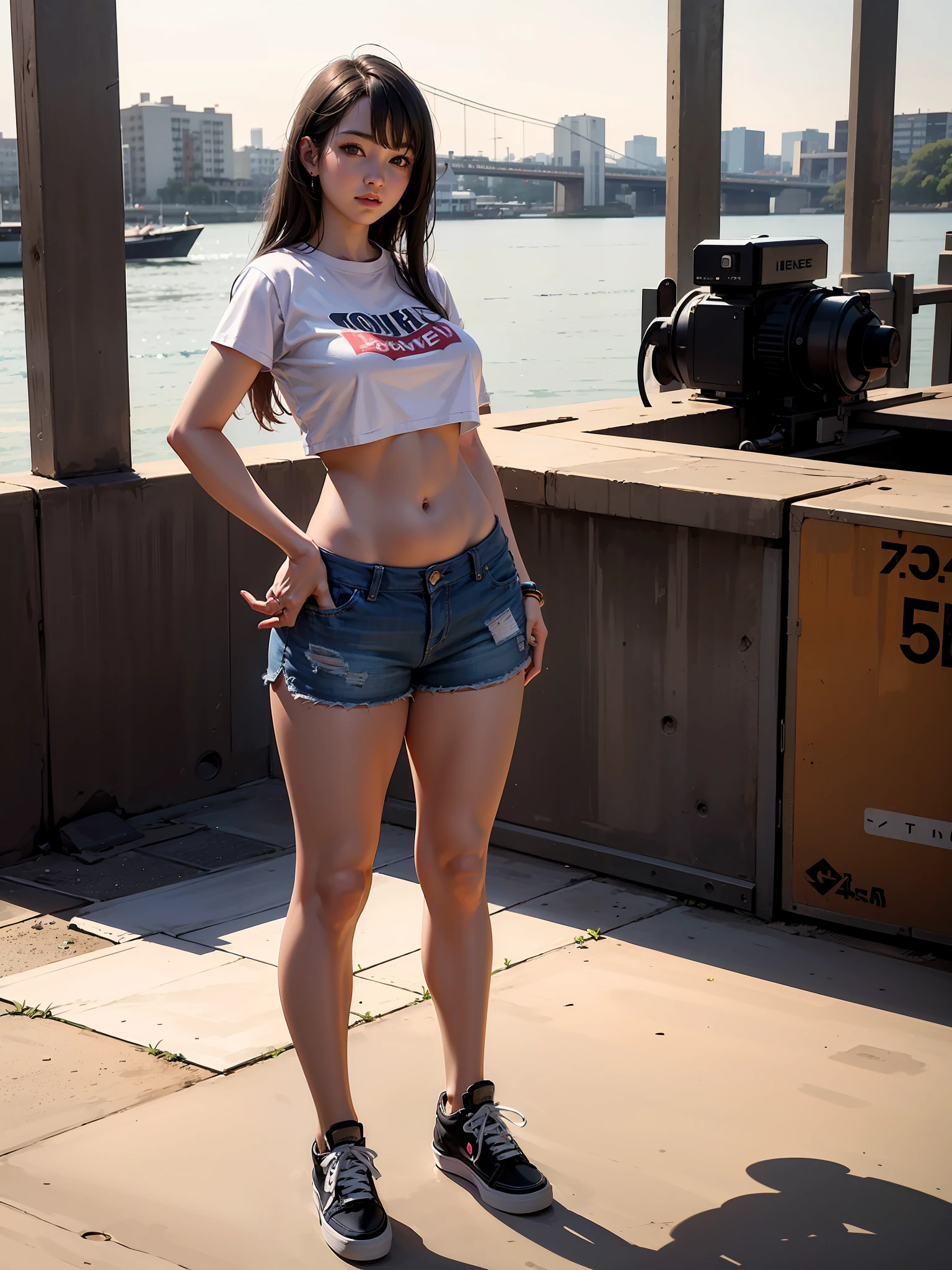 Best quality, full body portrait, delicate face, 18 year old girl, slim figure, huge bust, loose crop top T-shirt, crotch gap, extremely sexy shorts, sunset bridge, scene, standing tall, Vans Old Skool