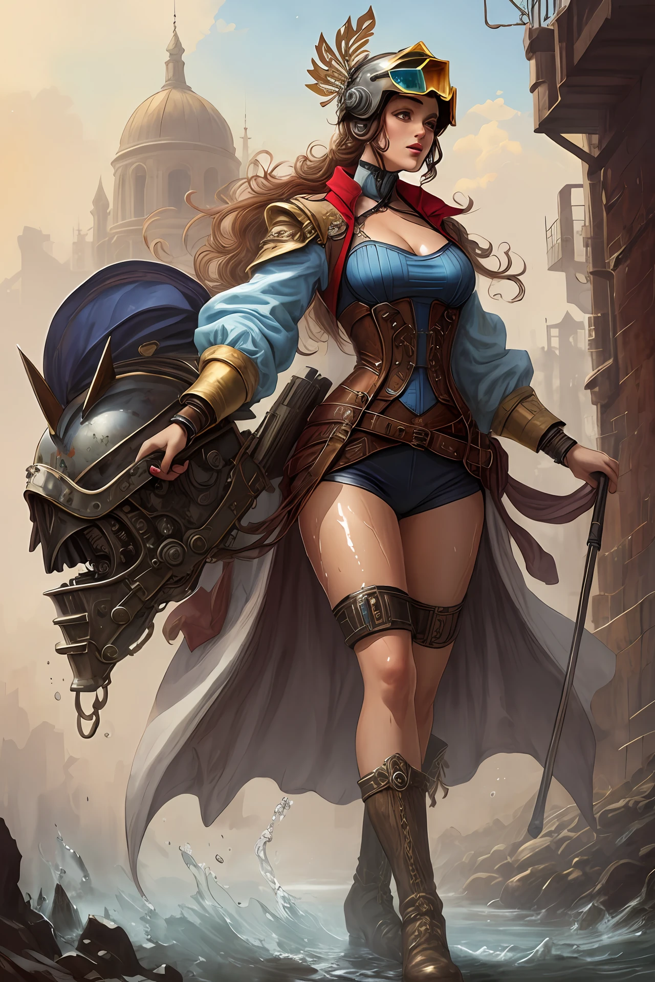 A beautiful caucasian Athletic woman with helmet, wet clothes, "Watercolor!!! enginework steampunk goddess, Intricate, Rococo, Scenic, Hyper...