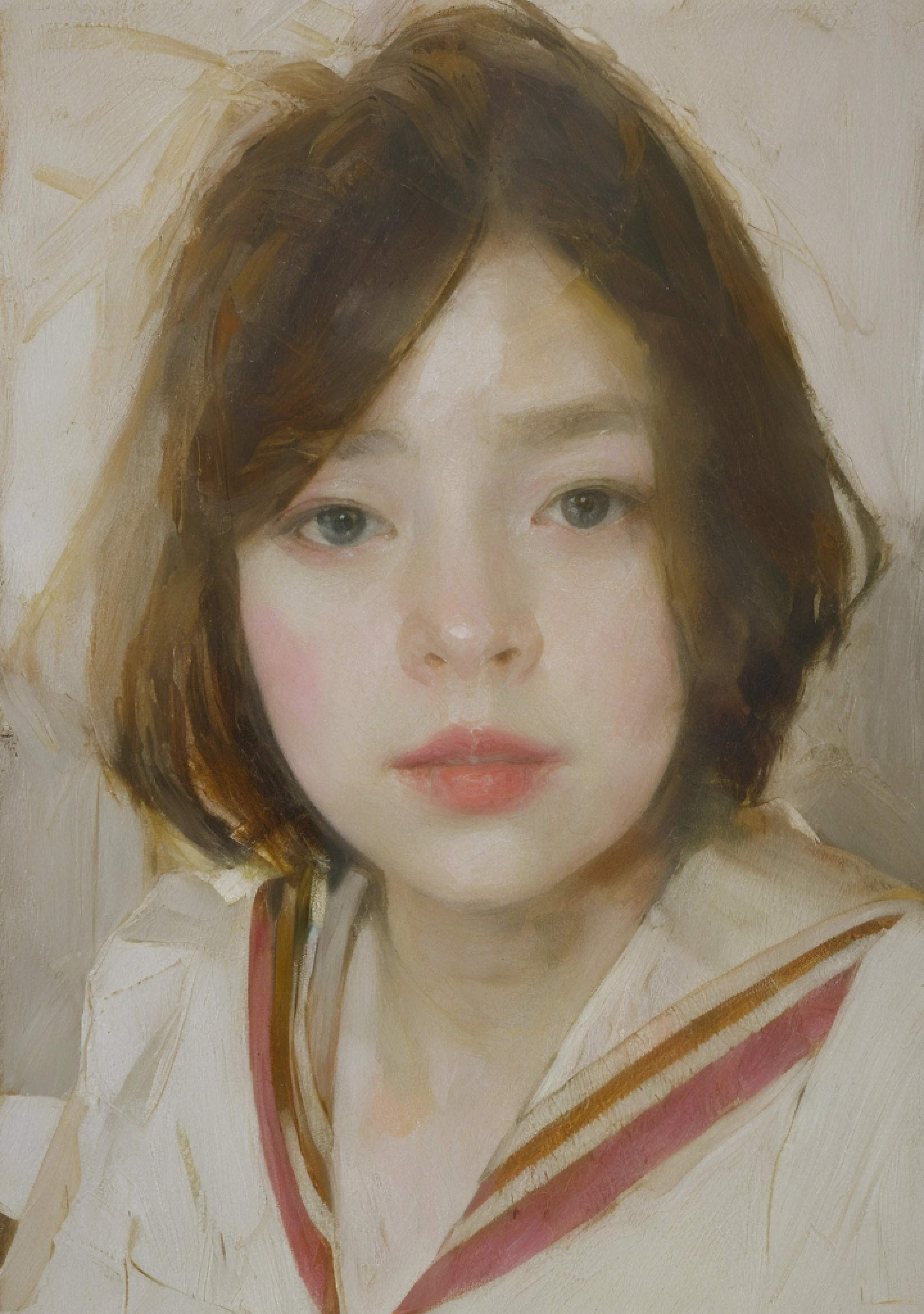 the best qualityt,ultra-highresolution,(Realism:1.2),oil painting,Masterpiece,the girl,Sargent oil painting style,Bright background,The brushstrokes are meticulously described,The brushstrokes are extravagant,rich color,beautiful,black color hair,Pink skin,