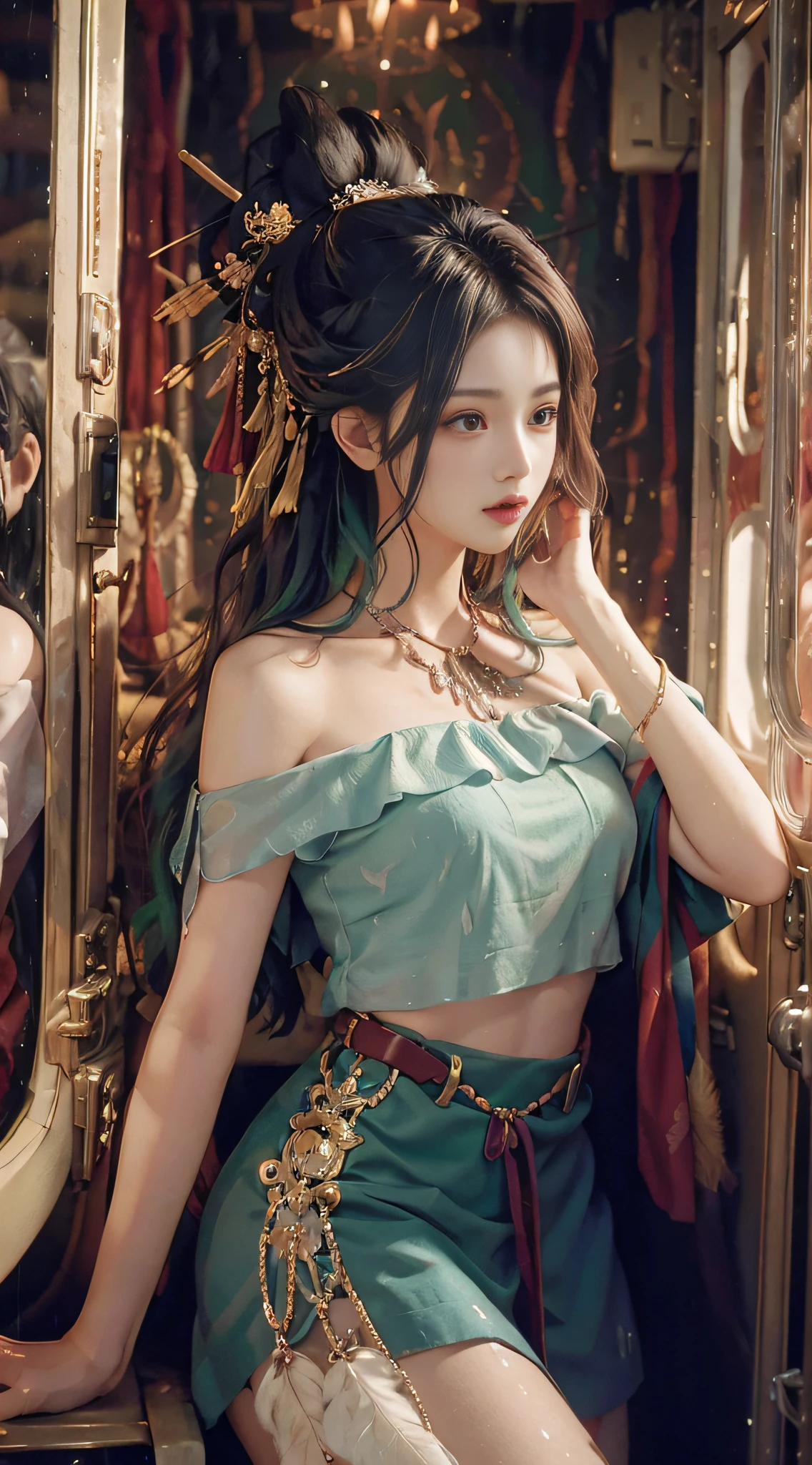 (from the outside) the best quality, masterpieces, realistic photos, intricate details, original photos, on a private jet, it's raining outside, miniskirts, colorful hair, extra-long hair, off-the-shoulders, feather hair ornaments,