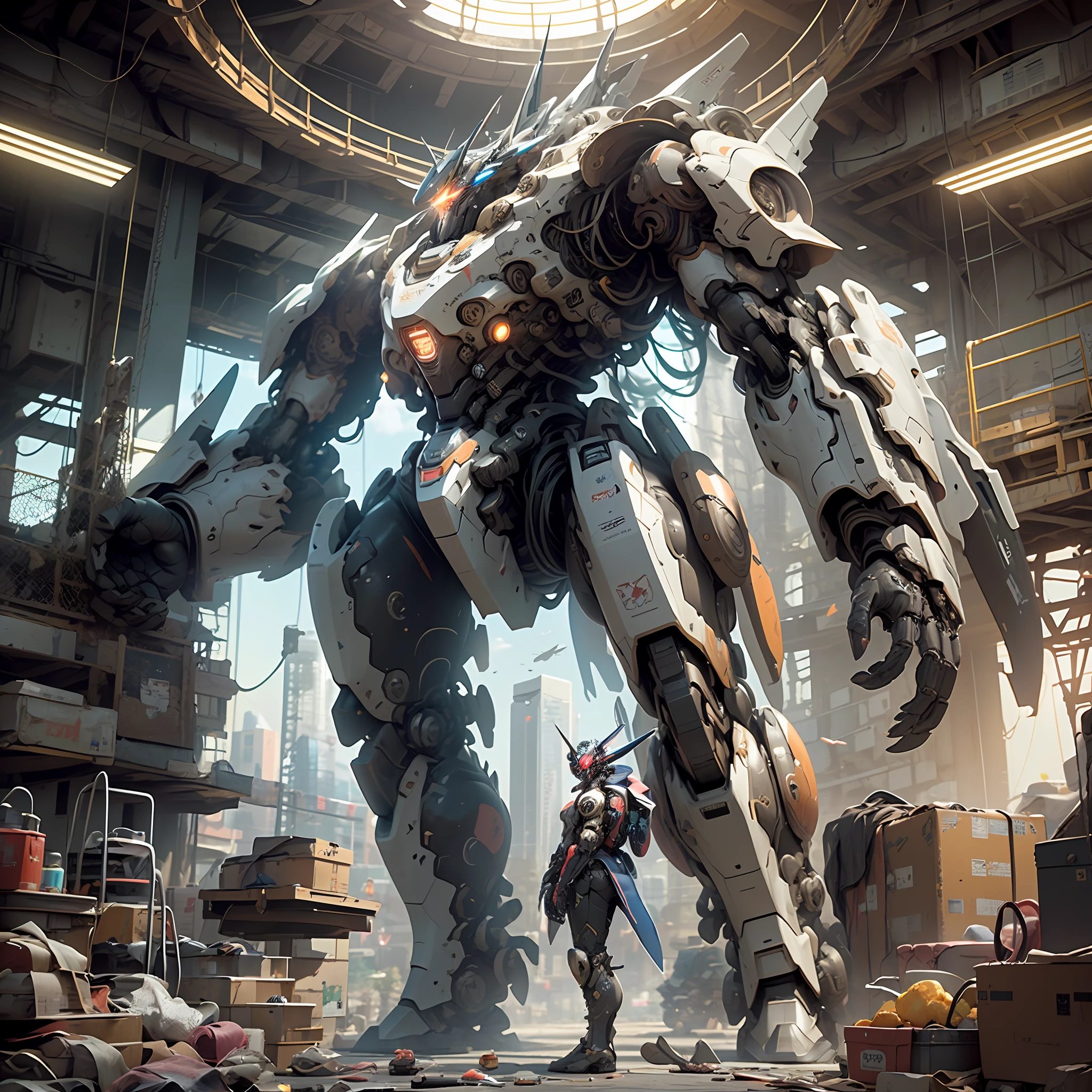 (Highly detailed:1.3), pretty, (The cyberpunk:1.2), In space, nebulas, holding_arma, (Huge mech:1.3), Facing the audience, glow eye, full - body,(A pilot stands in front of the mech:1.3), (Giant Mech Wings: 1.6), Look up, glowing_Eyes, mechamusume, View of whole room, The background is the Earth, nebulas, space, Particle, realistically, hdr (High dynamic range), Ray tracing, NVIDIA RTX, The ultra-Resolution, Unreal 5, Subsurface scattering, PBR Texture, Post-processing, Anisotropic filtering, Depth of field, Maximum Sharpness, and Clarity, Multilayer Texture, Albedo and Specular maps, Surface Coloring, Accurate simulation of light-material interactions, Perfect proportions, octane render aesethic, Two-tone lighting, Large aperture, Low ISO, White balance, rule of thirds, 8K RAW, High efficiency sub-pixels, mask on head, sub-pixel convolution, 3D, futurism, pixar, Cinematic lighting, Depth of field, move chart, Wide angle lens, super wide angle, ((Best quality)), ((Masterpiece)), Ultra HDR, Masterpiece, Anatomical correct, Super detail, highdetailed, Best quality, 8K, 8K, 16k