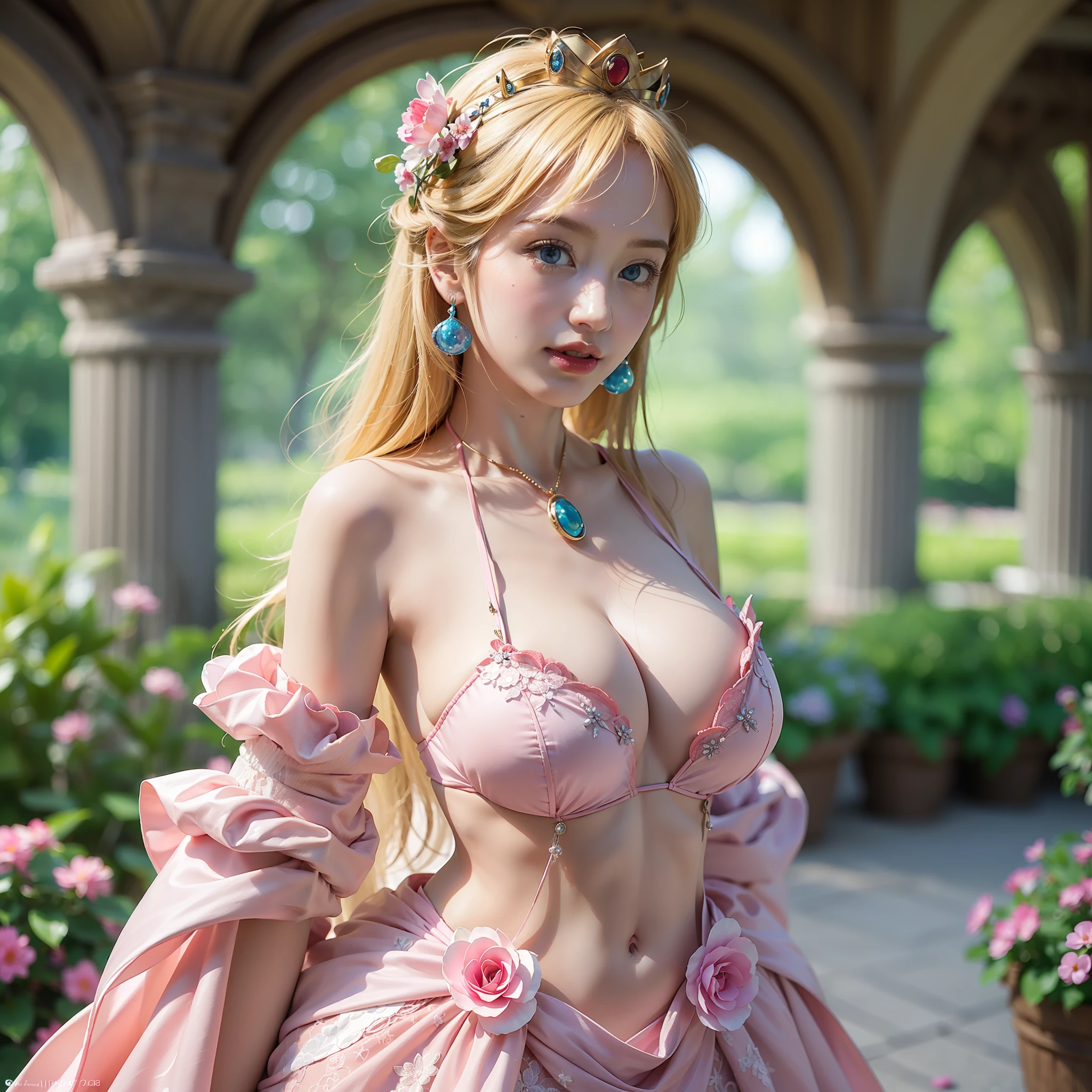 Princess_Peach (wearing pink gown), 1girl, blonde hair, seductive expression, sexy eyes,  big breasts, smile, cute, looking at viewer, long hair, (breast focus:1.2), (realistic:1.2), (far view: 1.2), (realism), (masterpiece:1.2), (best quality), (ultra detailed), (8k, 4k, intricate),(full-body-shot:1.5), (85mm),light particles, lighting, (highly detailed:1.2),(detailed face:1.2), (gradients), sfw, colorful,(detailed eyes:1.2), (detailed garden with flowers: 1.2),(detailed background), (dynamic angle:1.2), (dynamic pose:1.2), (rule of third_composition:1.3), (Line of action:1.2), wide shot, daylight, solo.