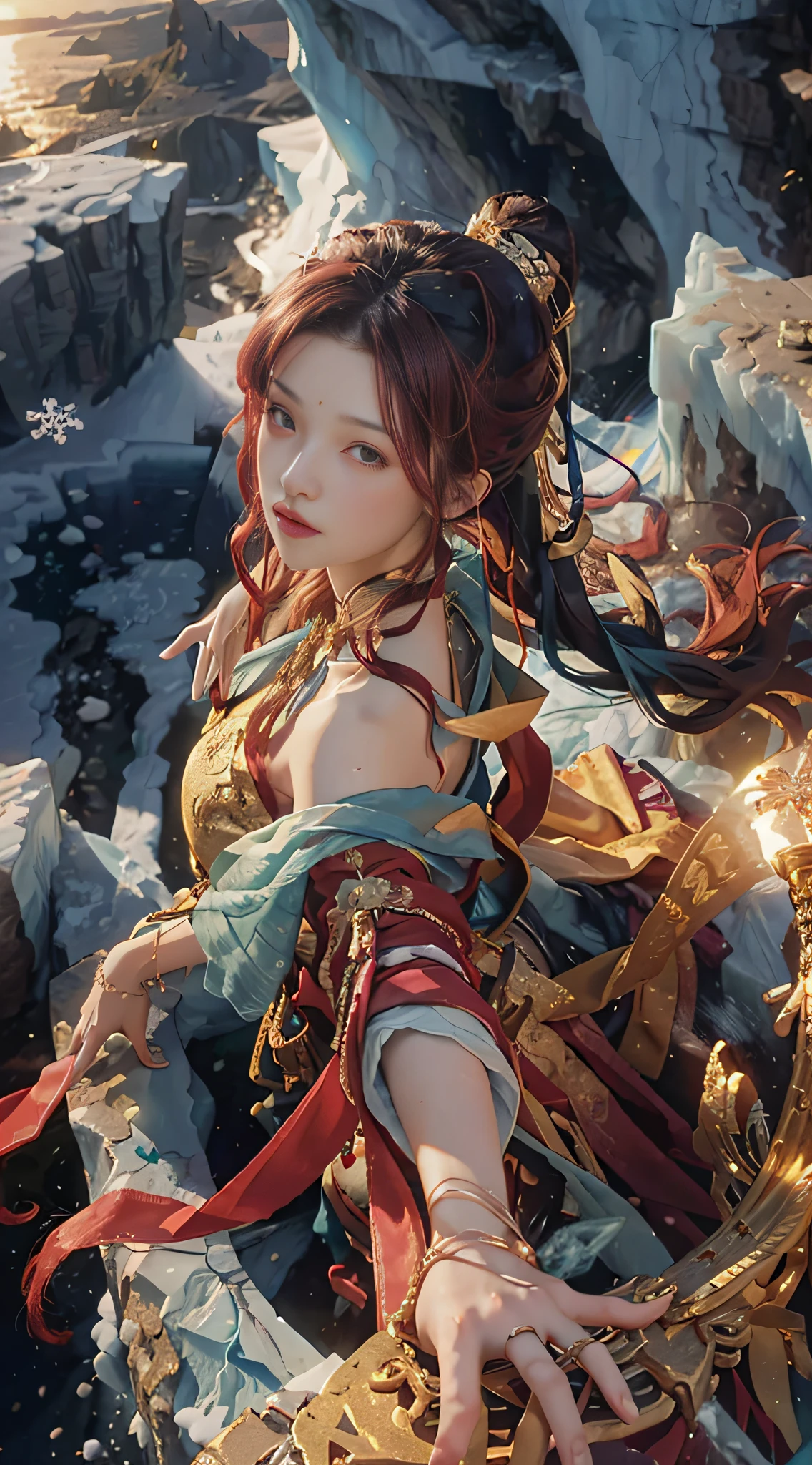 (from above) tea picker, on an iceberg, down jacket, red hair, extra-long hair, off-the-shoulders, gold decoration, HD details, ultra-details, big clouds, blue sky, crushed ice, snowflakes, canyons, hillsides, secluded, cliffs,