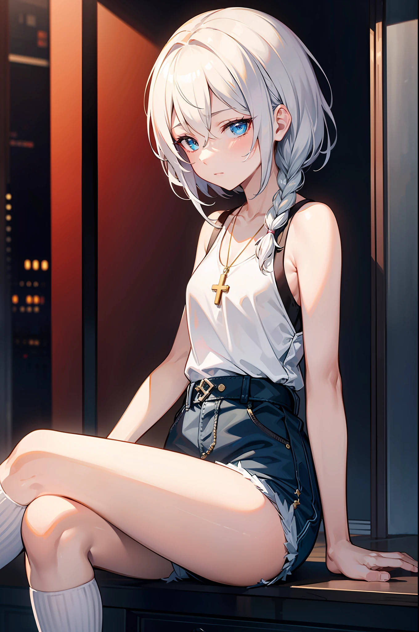 Masterpiece, Best quality, Masterpiece,Best quality,officlal art,Extremely detailed CG unity 8k wallpaper, golden hour lighting, strong rim light, strong shadows, in the cyberpunk city, artbook, Medium hair, White hair, Braided, Blue eyes, Small breasts, Sleeveless shirt, short pant, kneehighs, jitome, Half-closed eyes, :t, ((short braid)),hair between eyes,Sitting,crossed legs,A look of disdain,Gradient hair,dyed bangs,cross necklace