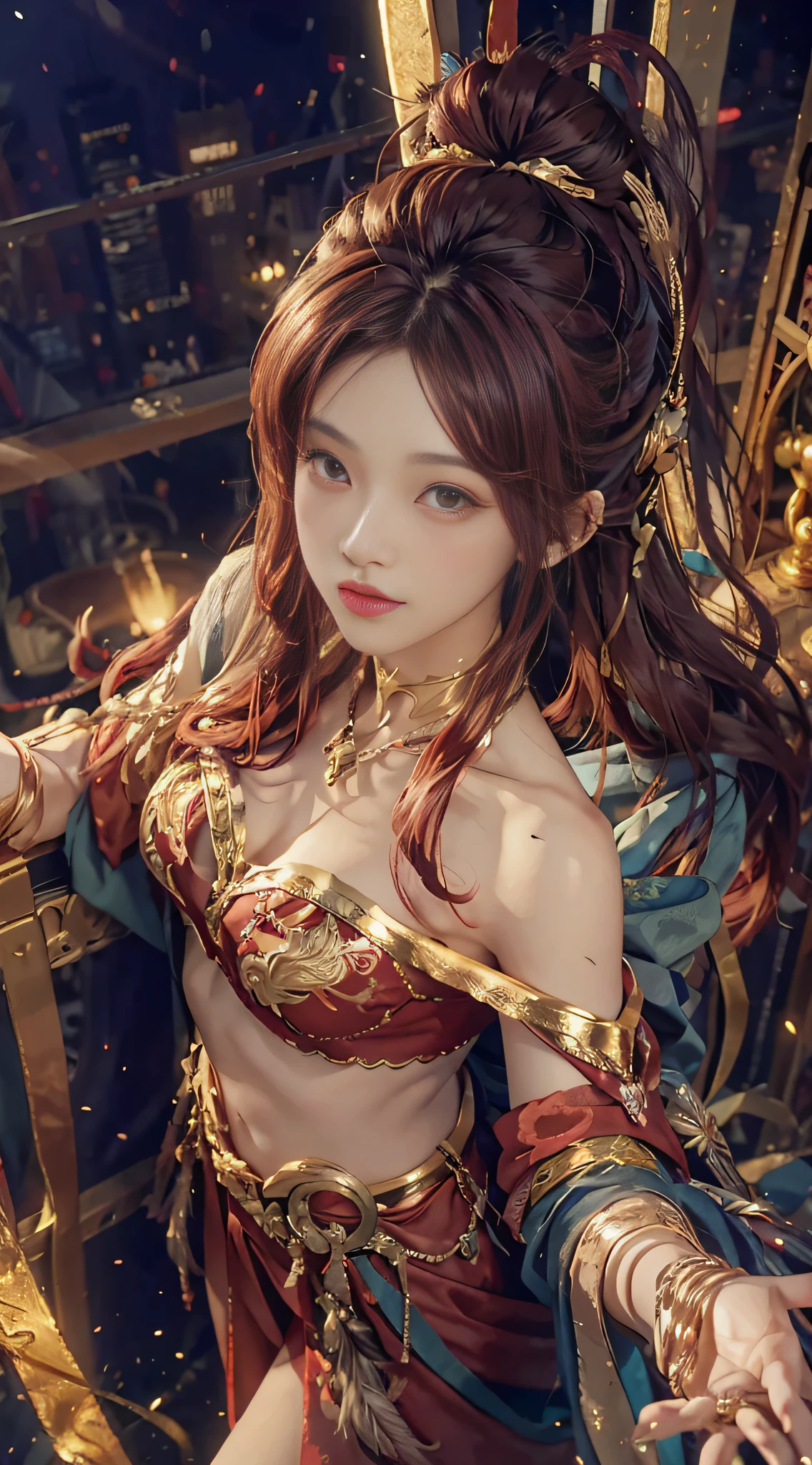 (from above) Sport Woman, Skydiving, Red Hair, Extra Long Hair, Off-the-Shoulders, Feather Hair Ornament, Night, Gold Trim, HD Detail, Ultra Detail,