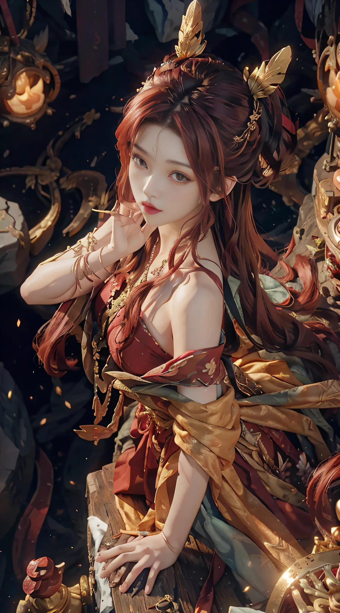 (from above) tea picker, on an iceberg, down jacket, red hair, extra-long hair, off-the-shoulders, feather hair ornaments, night, gold decoration, HD details, ultra details,