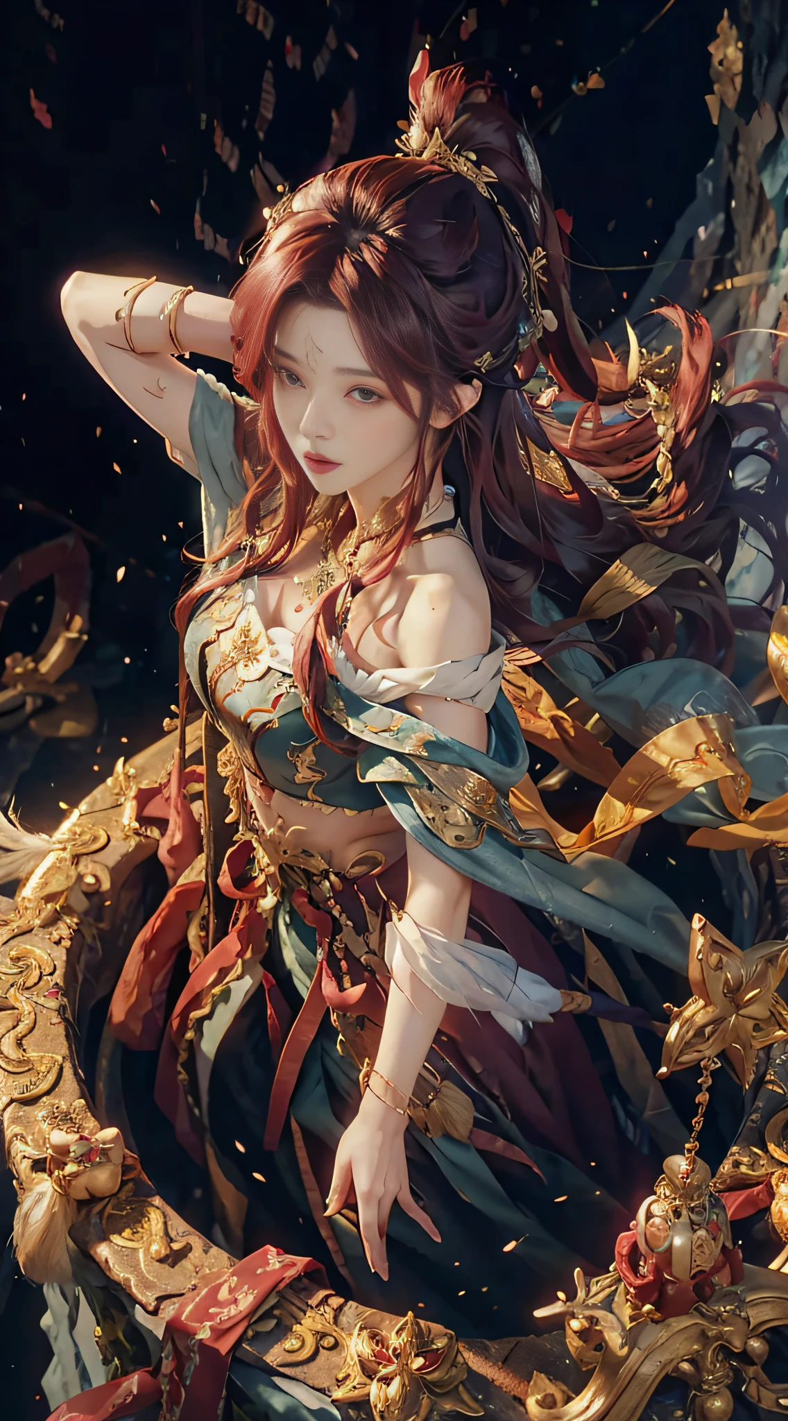 (from above) tea picker, on an iceberg, down jacket, red hair, extra-long hair, off-the-shoulders, feather hair ornaments, night, gold decoration, HD details, ultra details,