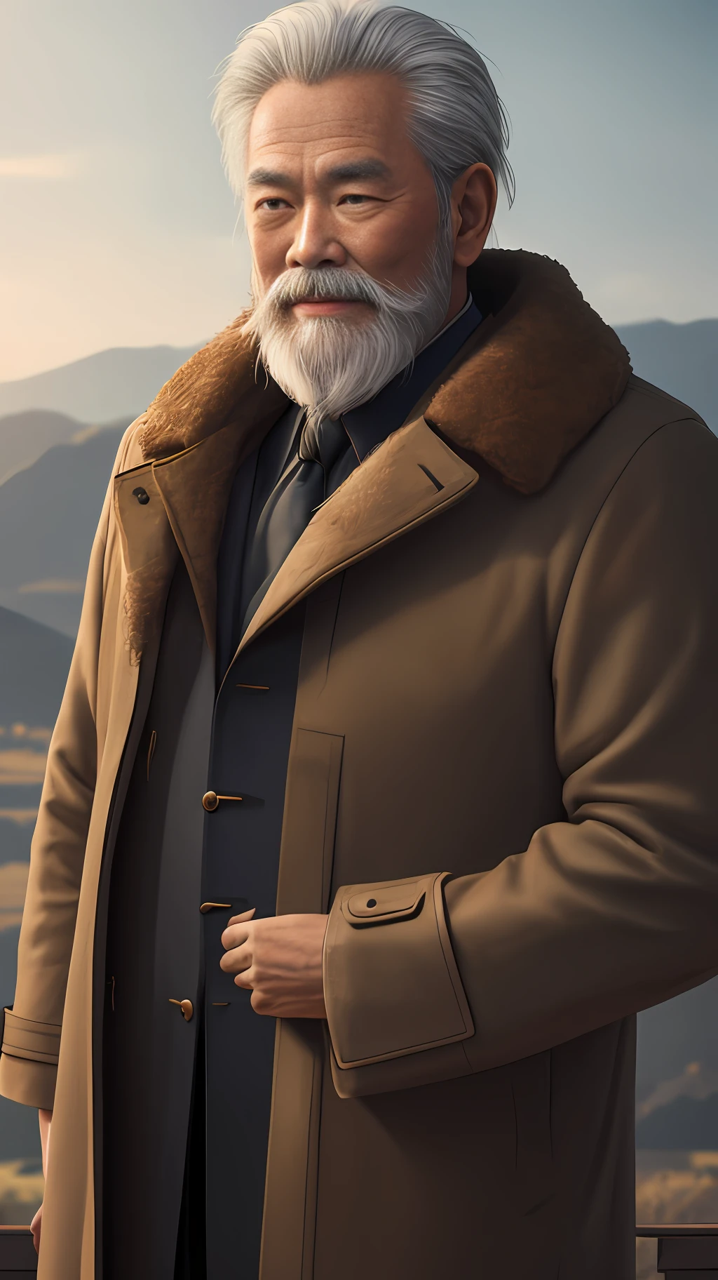 A long-lived Chinese man wearing a coat, gentleman,Long hair and long beard,Be kind,The eyes are shining,Smart and free,Teeth bared,Landscape background, cinematic realistic portrait, 8k portrait render,inspired by senior character artist, Inspired by Oniyako, hyperdetailed photorealism --auto