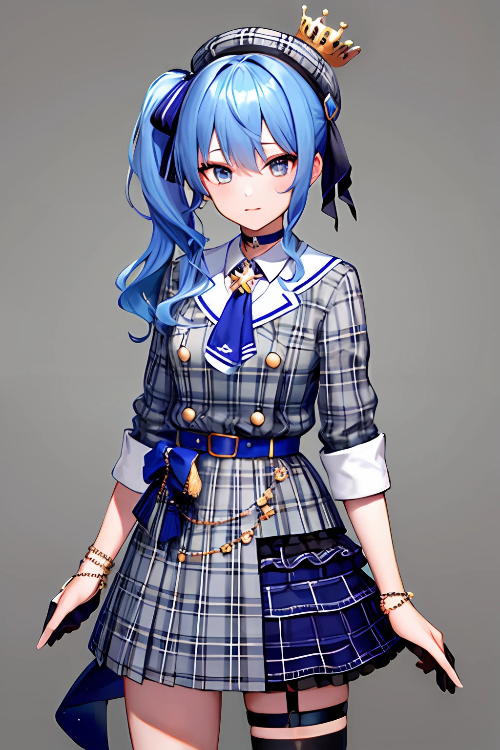 masterpiece, best quality, highres, sui1, 1girl, solo, side ponytail, hoshimachi suisei, fingerless gloves, single thighhigh, jewelry, single sock, thigh strap, bracelet, blue socks, buttons, single kneehigh, plaid dress, blue choker, blue belt, plaid skirt, mini crown, grey skirt, blue ascot, long sleeves, plaid jacket, cowboy shot, white background,