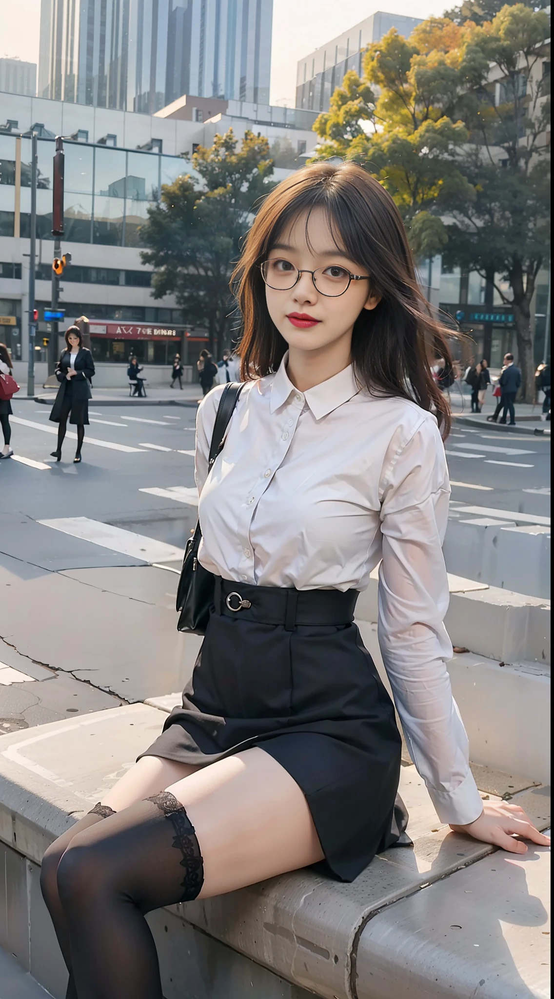 Best quality, full body portrait, delicate face, pretty face, 25 year old woman, slim figure, small bust, OL uniform, office clothes, black stockings, outdoor scene, sitting position, wearing glasses
