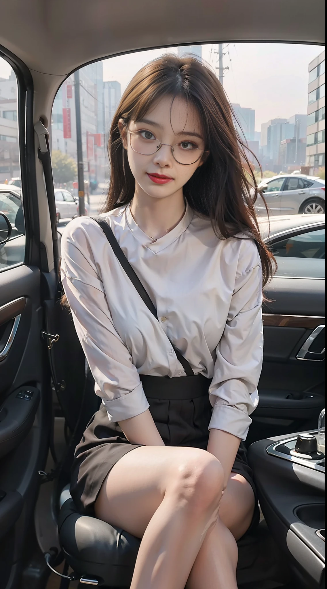 Best quality, full body portrait, delicate face, pretty face, 25 year old woman, slim figure, small bust, OL uniform, office clothes, black stockings, outdoor scene, sitting position, wearing glasses