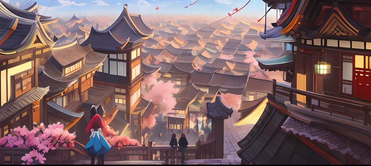 anime - style city with a flying kite and cherry blossoms, dreamy Chinese towns, colorful kitsune city, japanese town, Anime landscape concept art, ross tran. scenic background, traditional japanese concept art, japanese city, anime style cityscape, rossdraws global illumination, Onmyoji detailed art, a beautiful artwork illustration, Beautiful rendering of the Tang Dynasty --auto