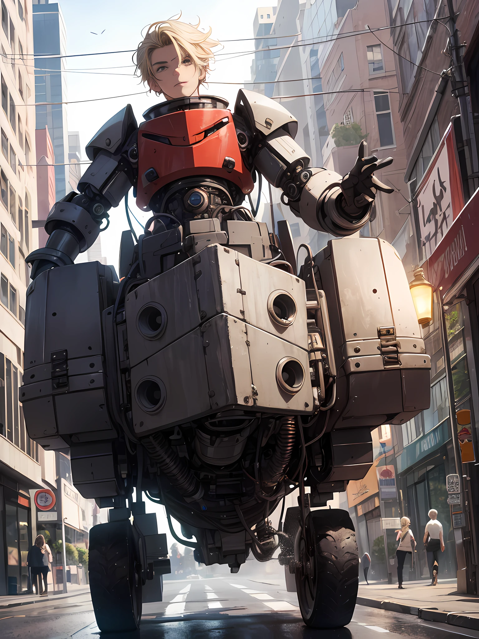 masterpiece, best quality, high res, ultra-detailed, 2man, 1man is John Conner, ars old, blonde short pulled up hair, wearing leather jacket with white T-shirts and denim pants, Another man is tank type Hovering quadrupedal locomotion Robot, he has mechanical white platinum body and red shining eyes, 2men walking the LA street, detailed background,