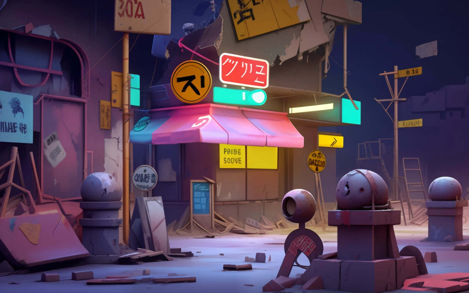 Ultra-clear details，large scene，wide-shot，Dilapidated walls，Dilapidated signboard，Wasteland，ruins，There are fallen zombies all around