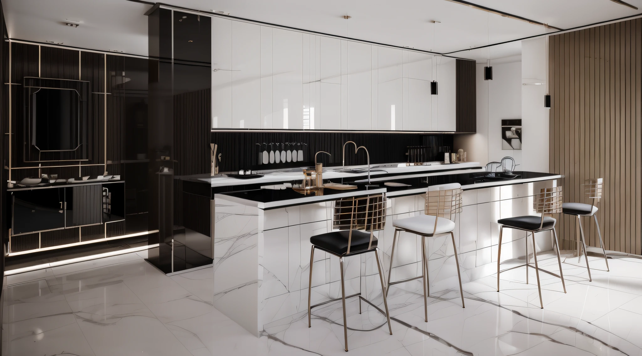 (Morden minimalist design kitchen:1.5), (photo realistic:1.2), (supper detail:1.2),1bed, 3 pub chair(black:white), daylight, Unreal Engineer 8K, full HD 8K, cinematic lighting, warm light