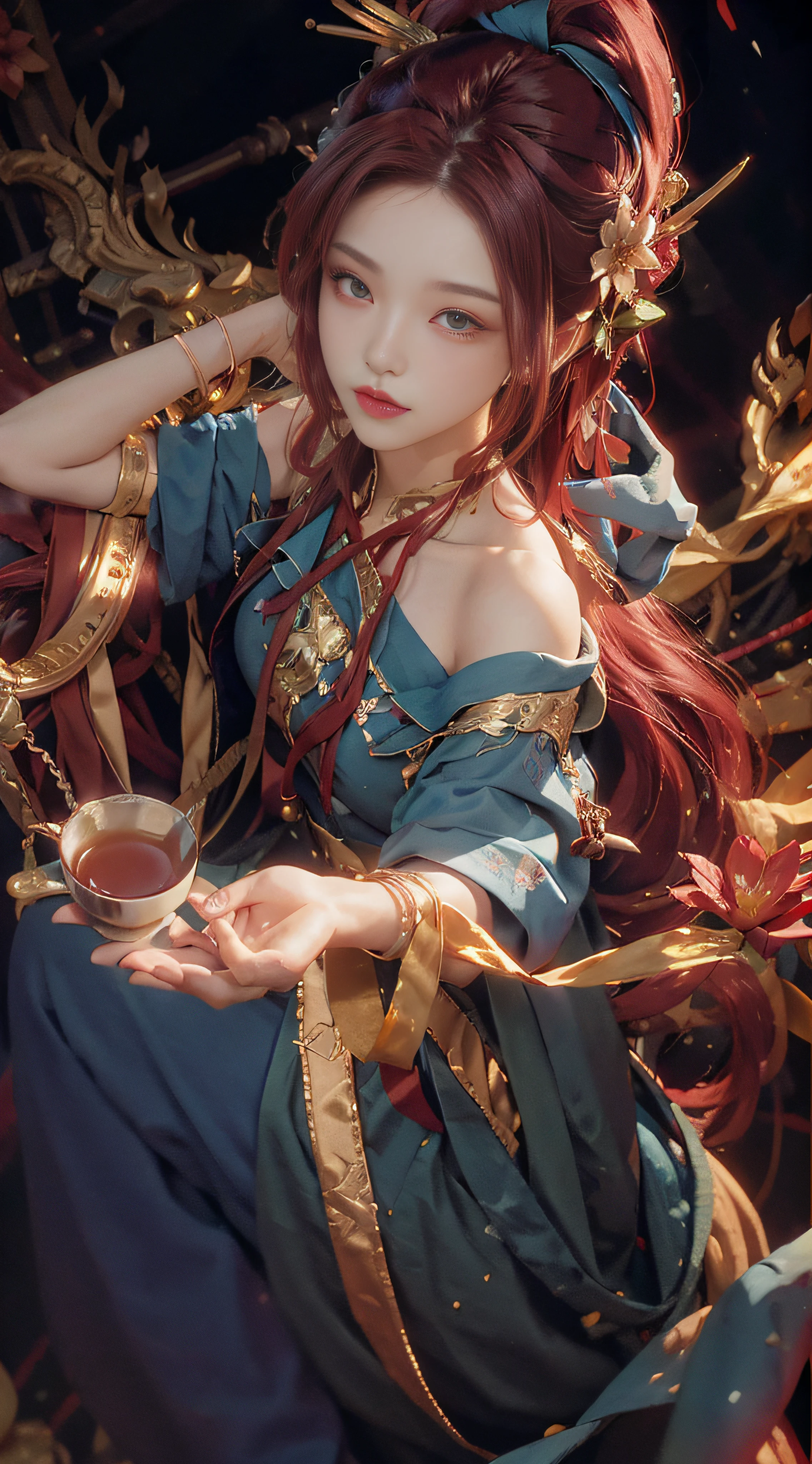 (from above) tea picker, hoodie, red hair, extra-long hair, off-the-shoulders, blue clothes, flower hair accessories, night, gold decoration, HD details, ultra details,