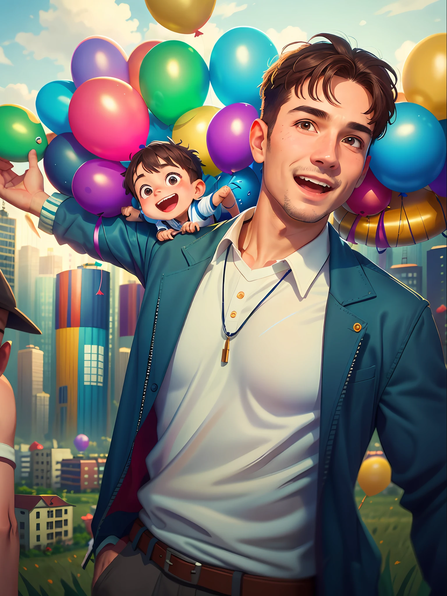 A father and son, son riding on the father's shoulders, field outing, many balloons, happy, happy, perfect quality, clear focus (clutter-home: 0.8), (masterpiece: 1.2) (Realistic: 1.2) (Bokeh) (Best quality) (Detailed skin: 1.3) (Intricate details) (8K) (Detail Eyes) (Sharp Focus), (Happy)