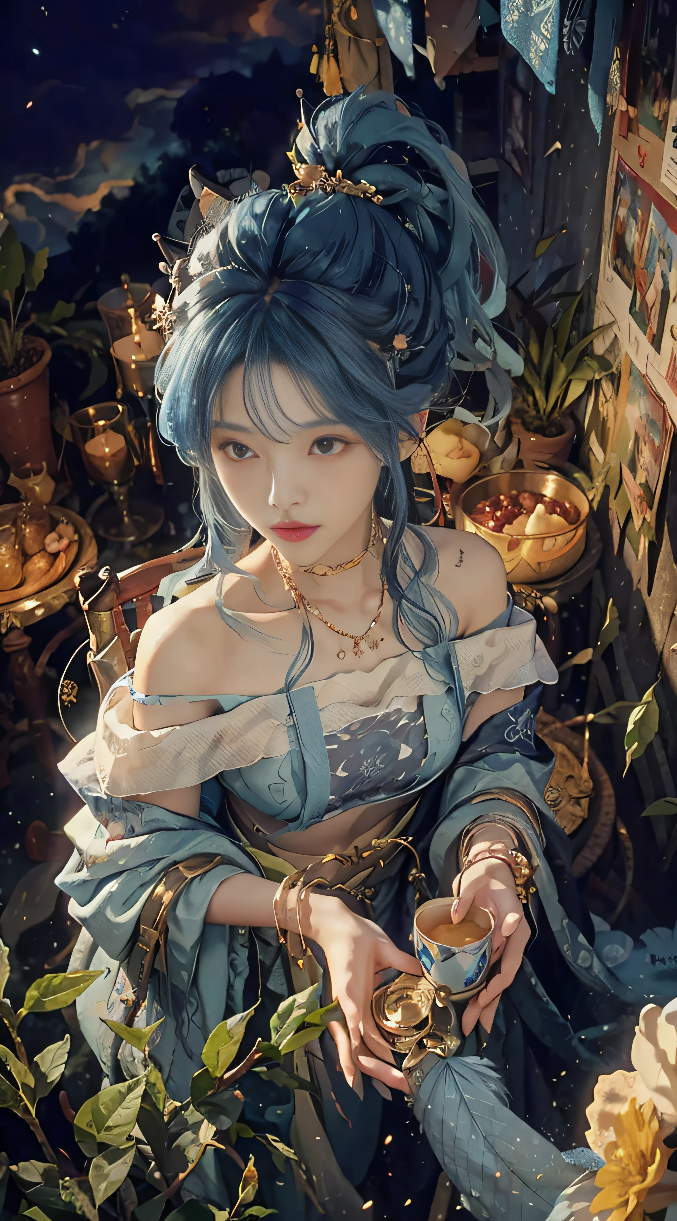 (From above) tea picker, big clouds, blue sky, rice fields, hoodie, blue hair, extra long hair, off-the-shoulder, feather hair ornaments, night, outdoors, HD details, ultra details,