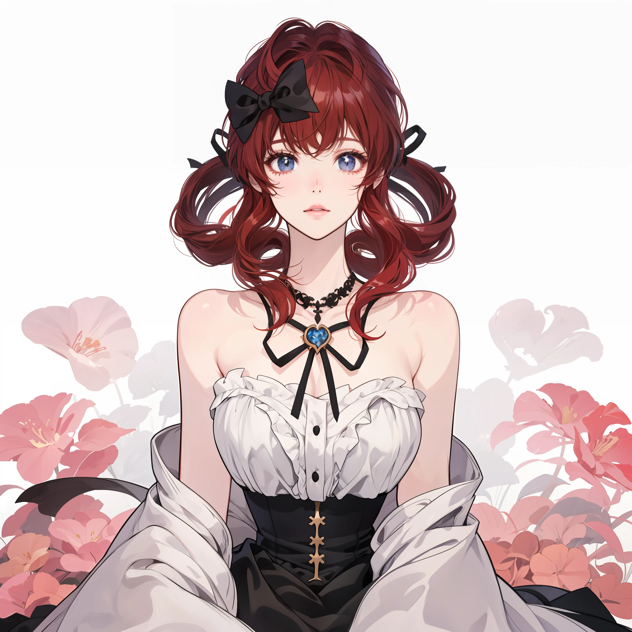 anime girl with red hair and black bow wearing a black dress, made with anime painter studio, anime style. 8k, sayori, anime stylized, stylized anime, anime style portrait, anime moe artstyle, painted in anime painter studio, render of april, anime artstyle, kawaii realistic portrait, , high quality anime artstyle, beautiful dress