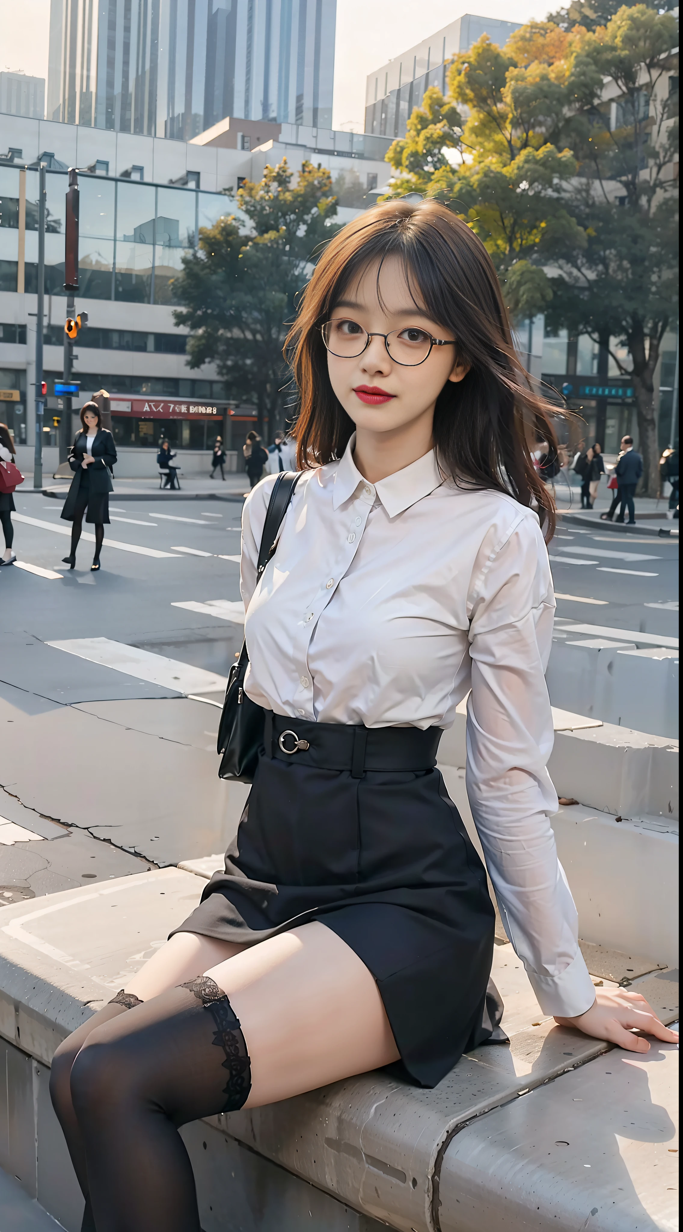 Best quality, full body portrait, delicate face, pretty face, 25 year old woman, slim figure, small bust, OL uniform, office clothes, black stockings, outdoor scene, sitting position, wearing glasses