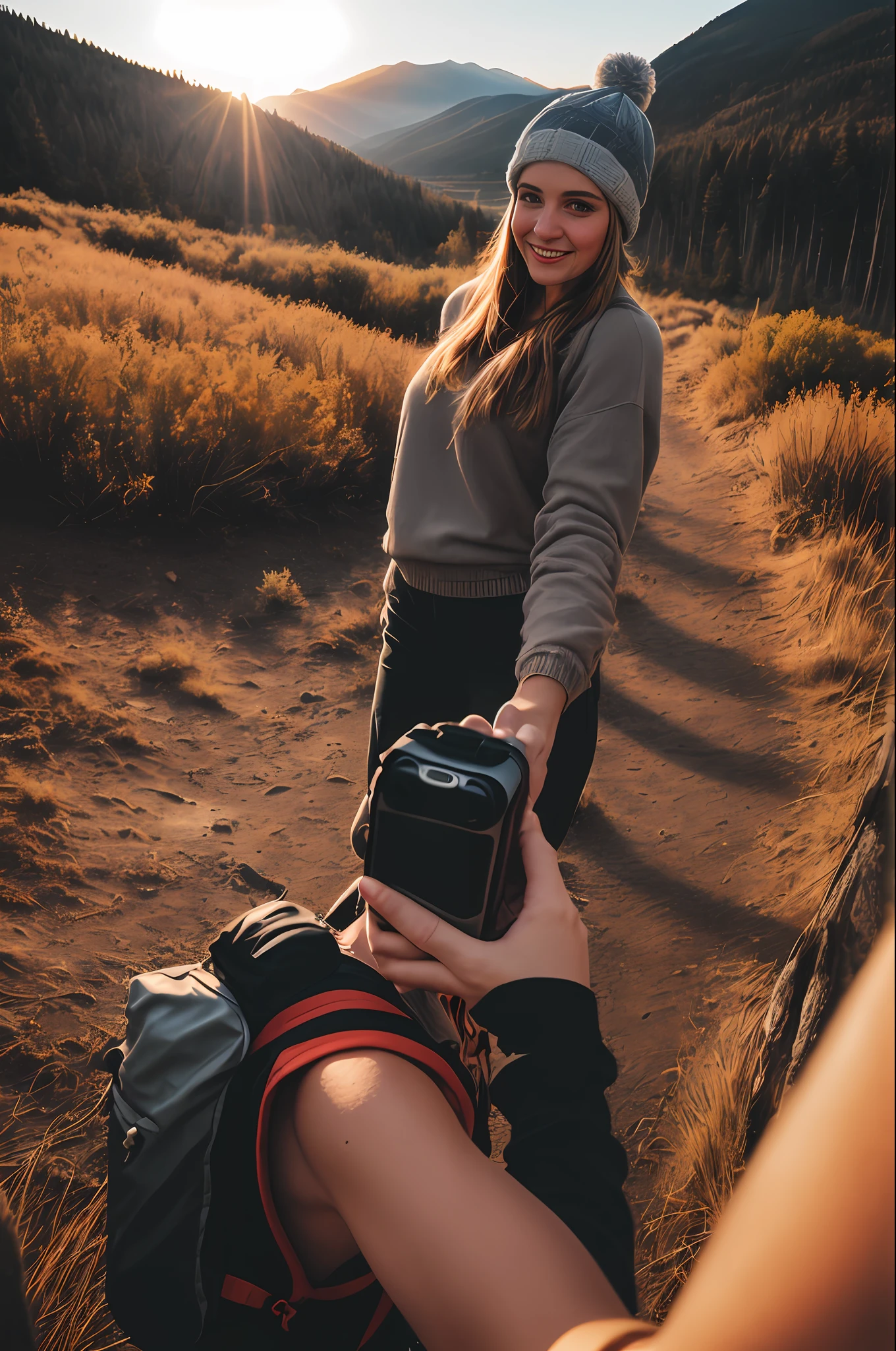 1 woman((upper body selfie, happy)), masterpiece, best quality, ultra-detailed, solo, outdoors, (night), mountains, nature, (stars, moon) cheerful, happy, backpack, sleeping bag, camping stove, water bottle, mountain boots, gloves, sweater, hat, flashlight, forest, rocks, river, wood, smoke, shadows, contrast, clear sky, analog style (look at viewer:1.2) (skin texture) (film grain:1.3), (warm hue, warm tone) :1.2), close up, cinematic light, sidelighting, ultra high res, best shadow, RAW, upper body, wearing pullover