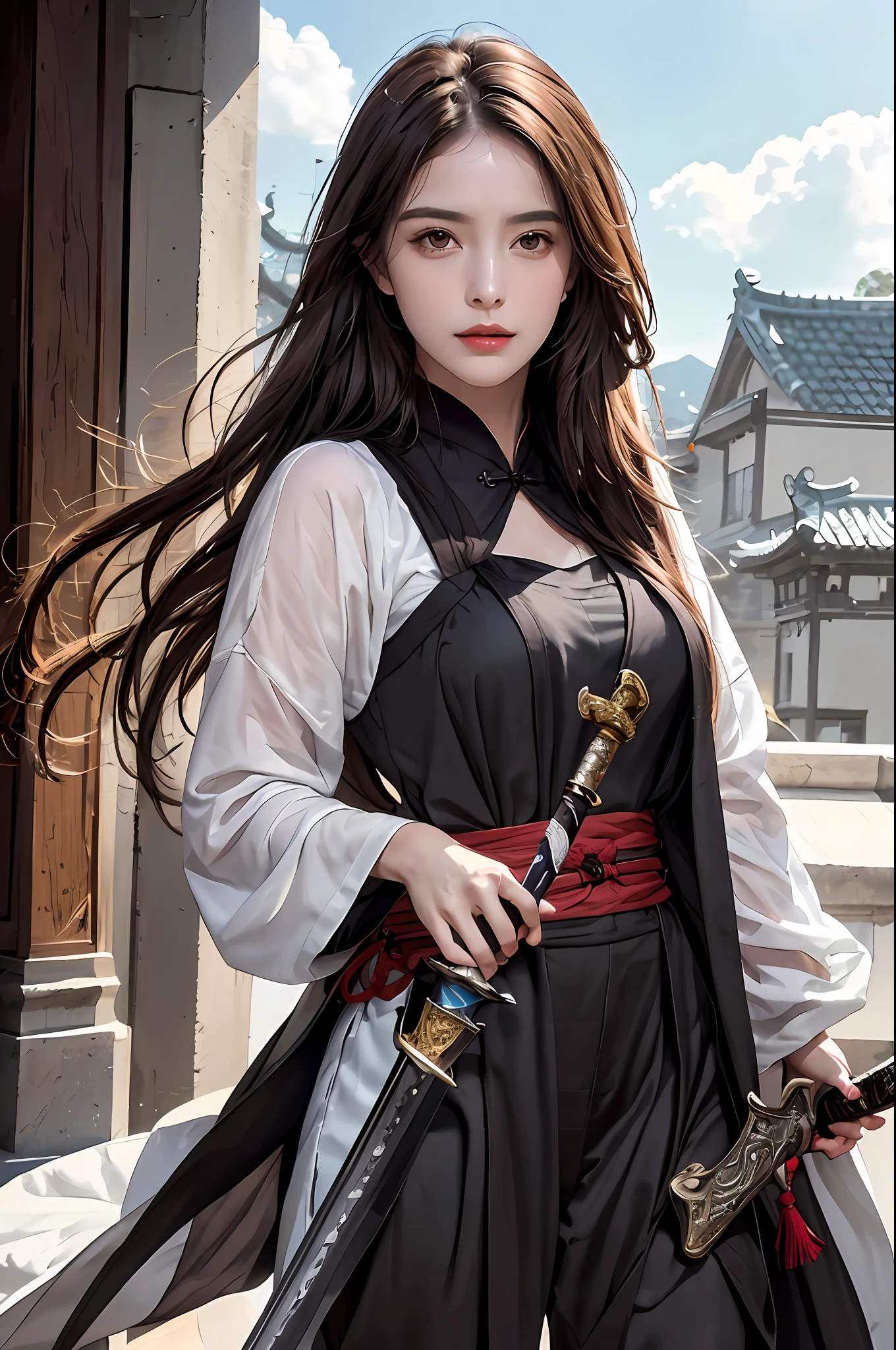 {{best quality}}, {{masterpiece}}, {{ultra-detailed}}, {detailed light} (RAW photo:1.2), (photorealistic:1.4),(masterpiece:1.3),(best quality:1.4) 1girl, weapon, sword, hair ornament, solo, long hair, sky, dress, holding, holding weapon, holding sword, black hair, armor, brown hair, cloud, chinese clothes, wate