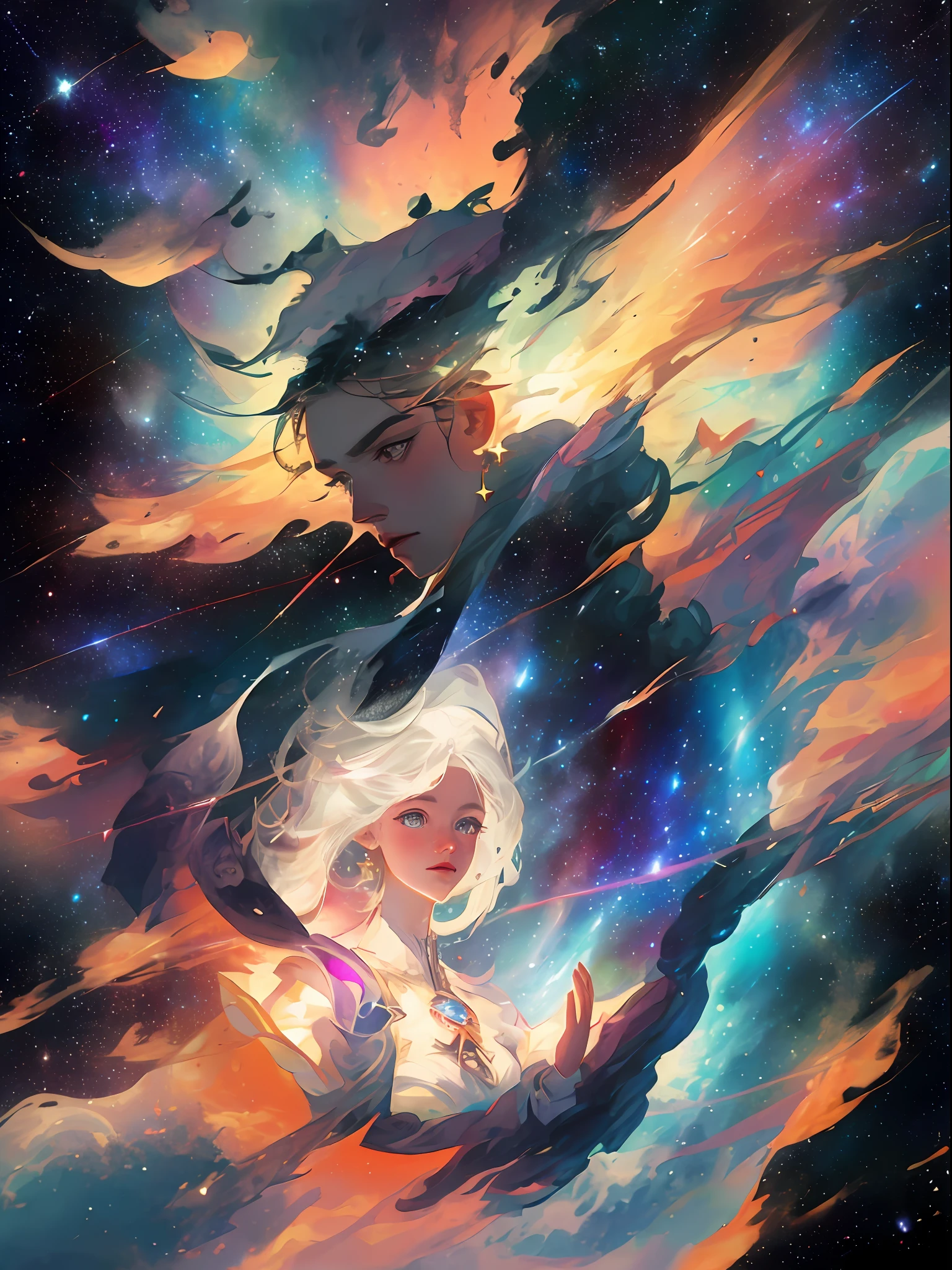 celestial goddess, floating, clouds,galaxy,nebula