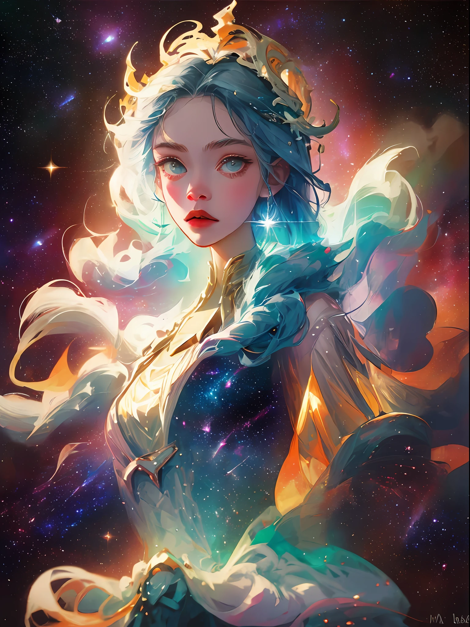 celestial goddess, floating, clouds,galaxy,nebula