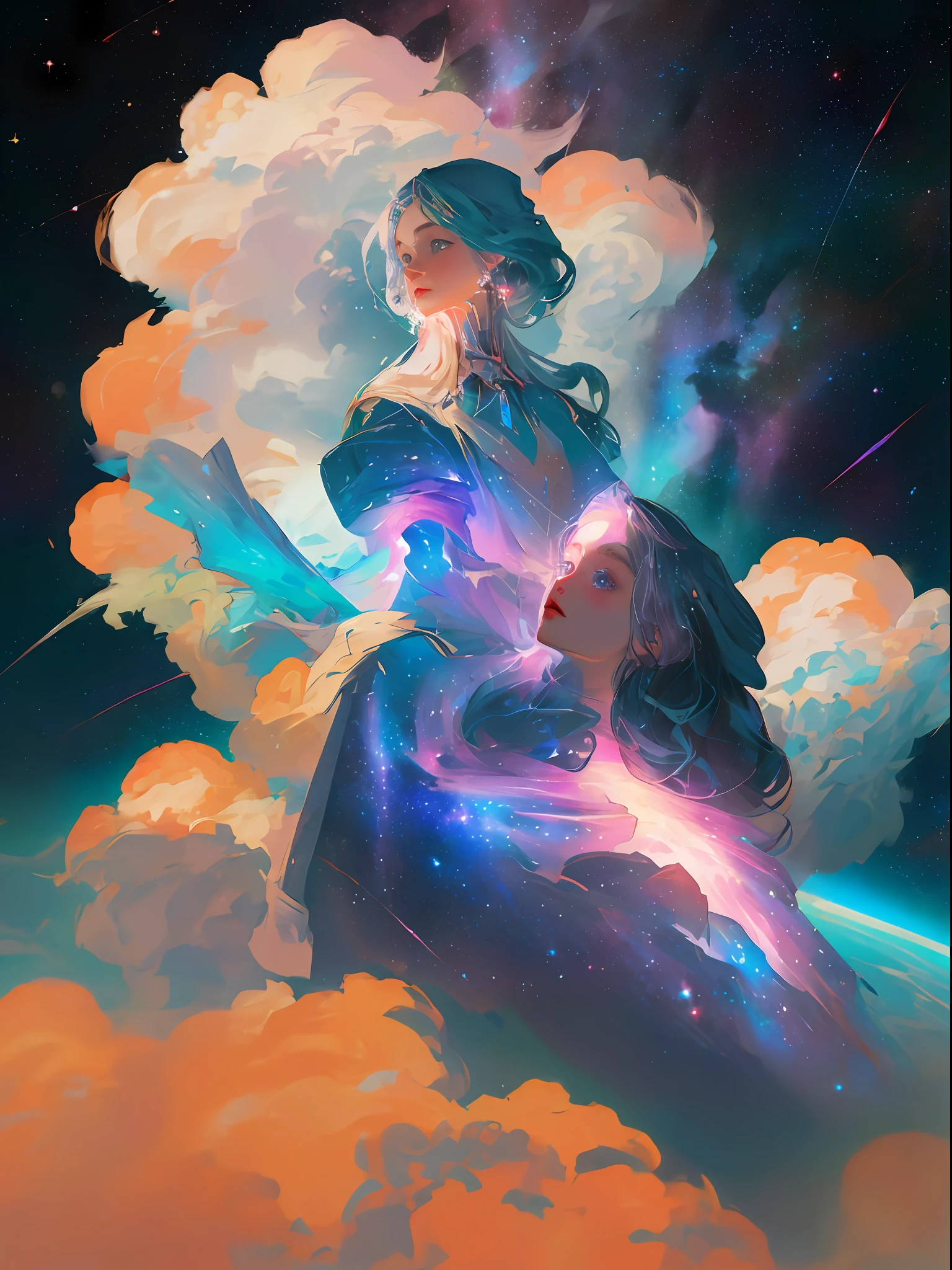celestial goddess, floating, clouds,galaxy,nebula