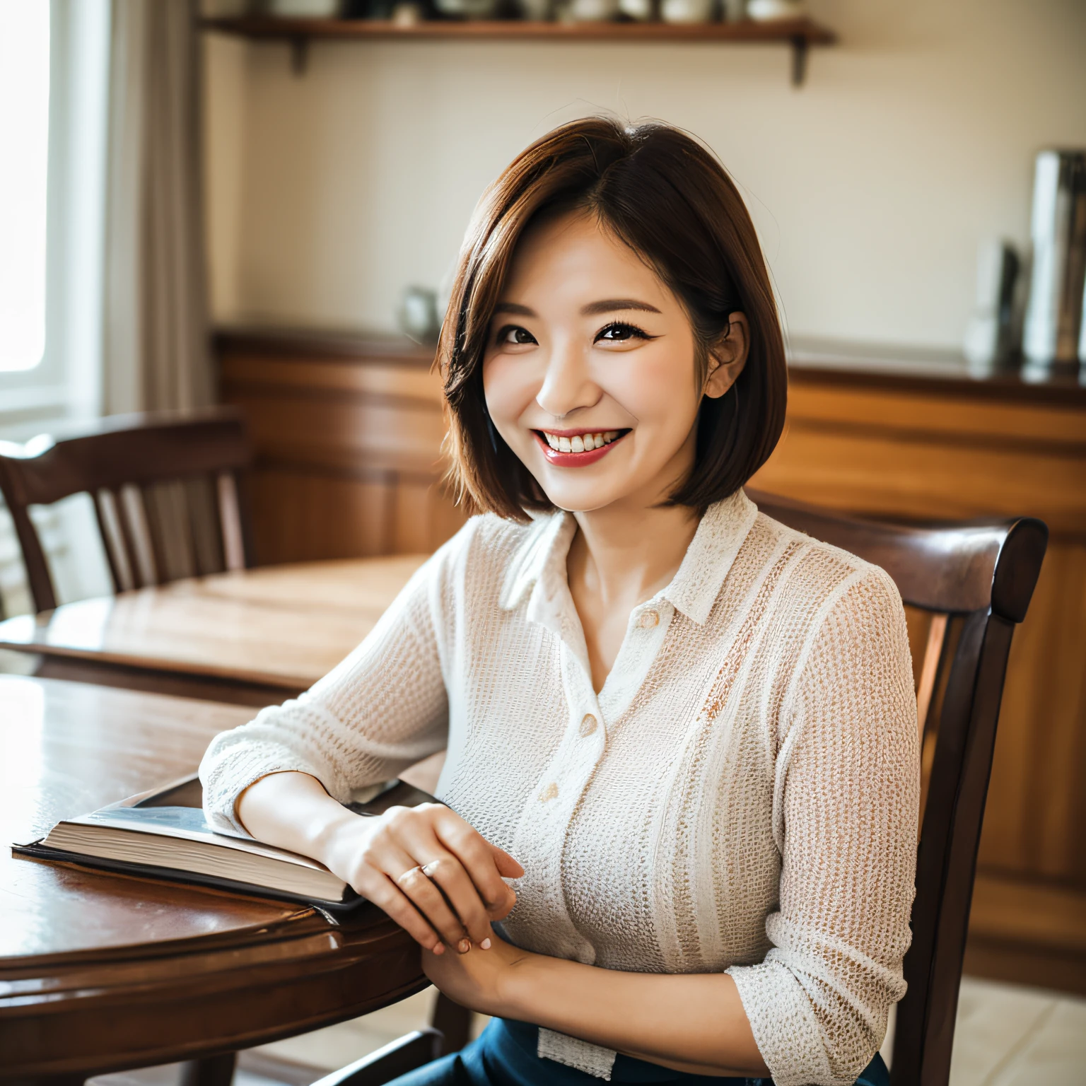 A rounded midle aged Korean woman (short hair, wearing a blouse, smiling) reading books, seat on the chair, in the dining room, depth of field