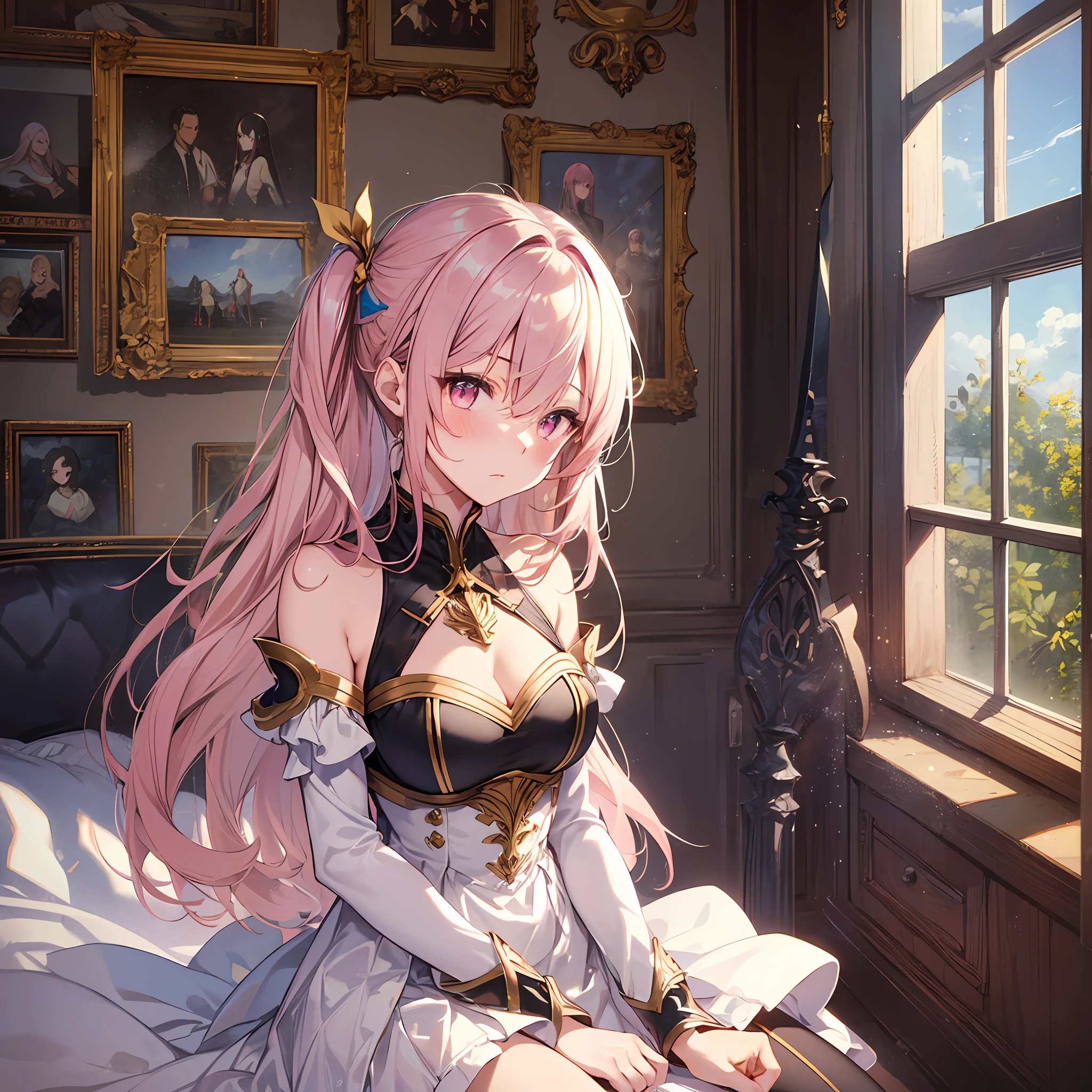 A masterpiece of literary text、best qulity、Asuna\(stars\)、1girls、armature、bare shoulder、blushed、breastplate、Pink eyes、Pink hair、Luxurious dresses、short skirt、Lambent Light、slong hair、Watch your audience、Golden Ribbon、ribbons、scabbard、White dress　ponytails　Hairy hair　Castle room　Room with atmosphere