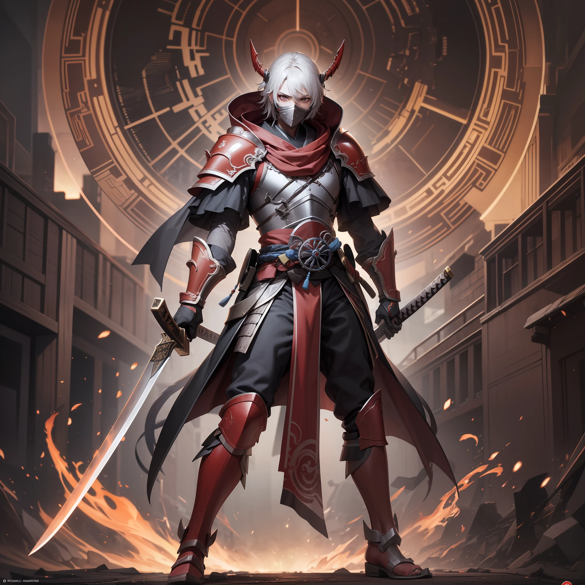 full body photograph of a male mythical crimson samurai,red legendary mask, holding huge katana sword covered with red neon symbols, magical red armor and cloak, combat stance, crimson rivers background, organic translucent surface textures, looking at camera, luis royo, WLOP, artgerm, ayami kojima, karol bak, eye-catching movie poster, aureal number composition, production cinematic character render, ultra high quality model, 8k Ultra HD