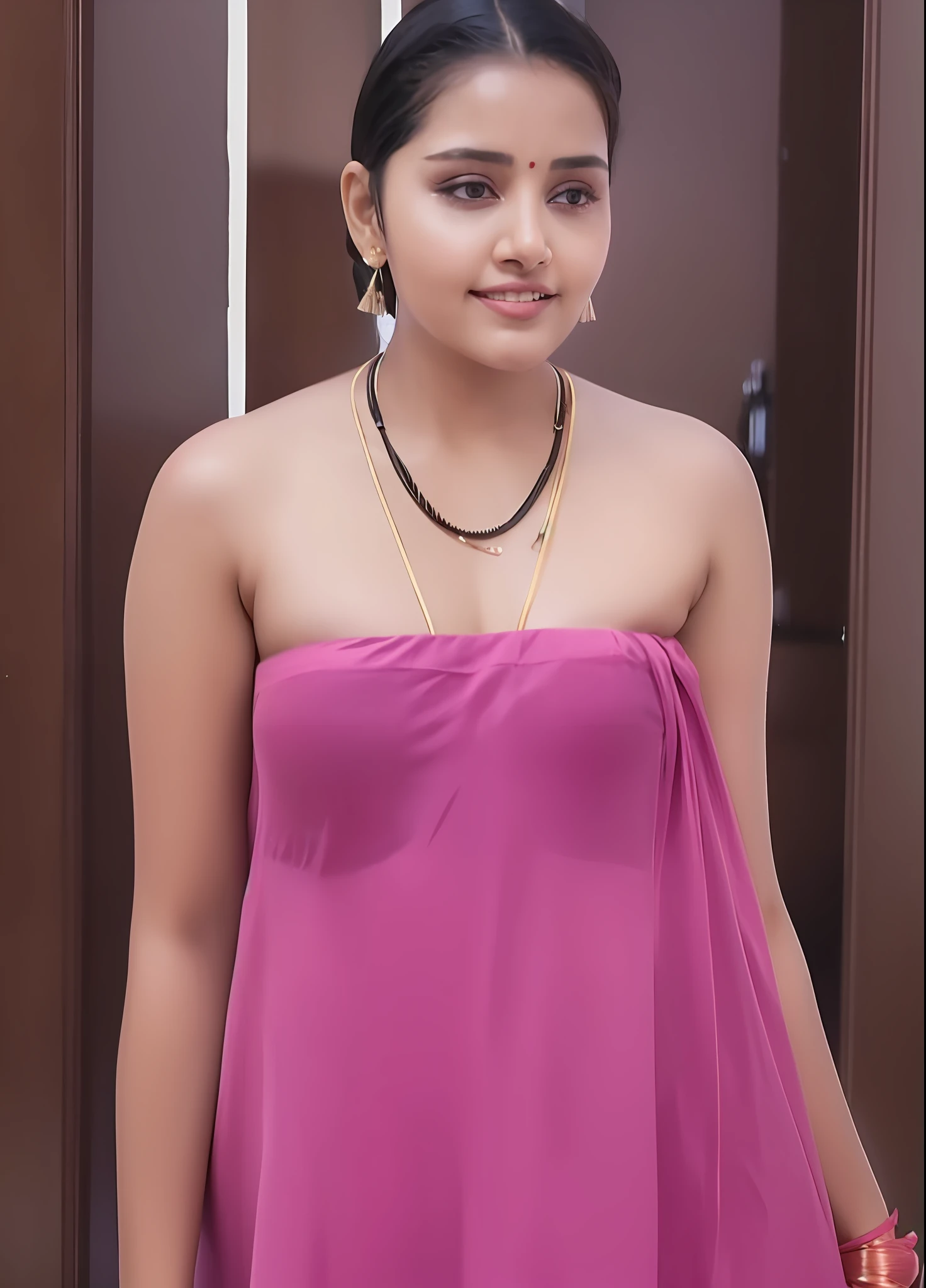 Anupama, a close up of a woman in a pink dress posing for a picture, topless, smooth pink skin, sexy girl, revealing clothes, very big boobs, deep cleavage