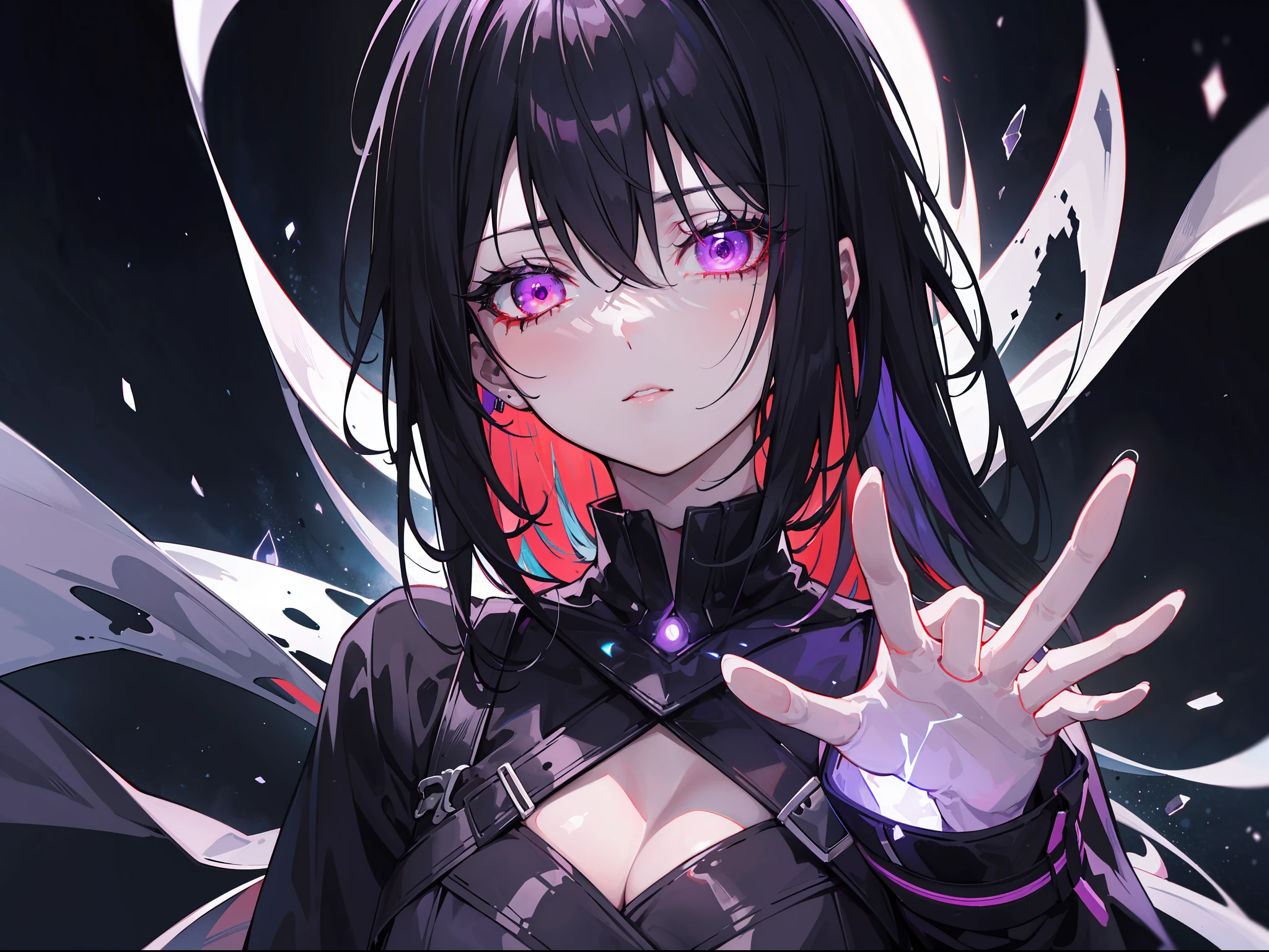 "Epic dark atmosphere, stunning 4k artwork featuring a confident black haired girl. Her captivating, glowing sharp purple eyes illuminate the scene. She was outside and looked on with glowing scary eyes."