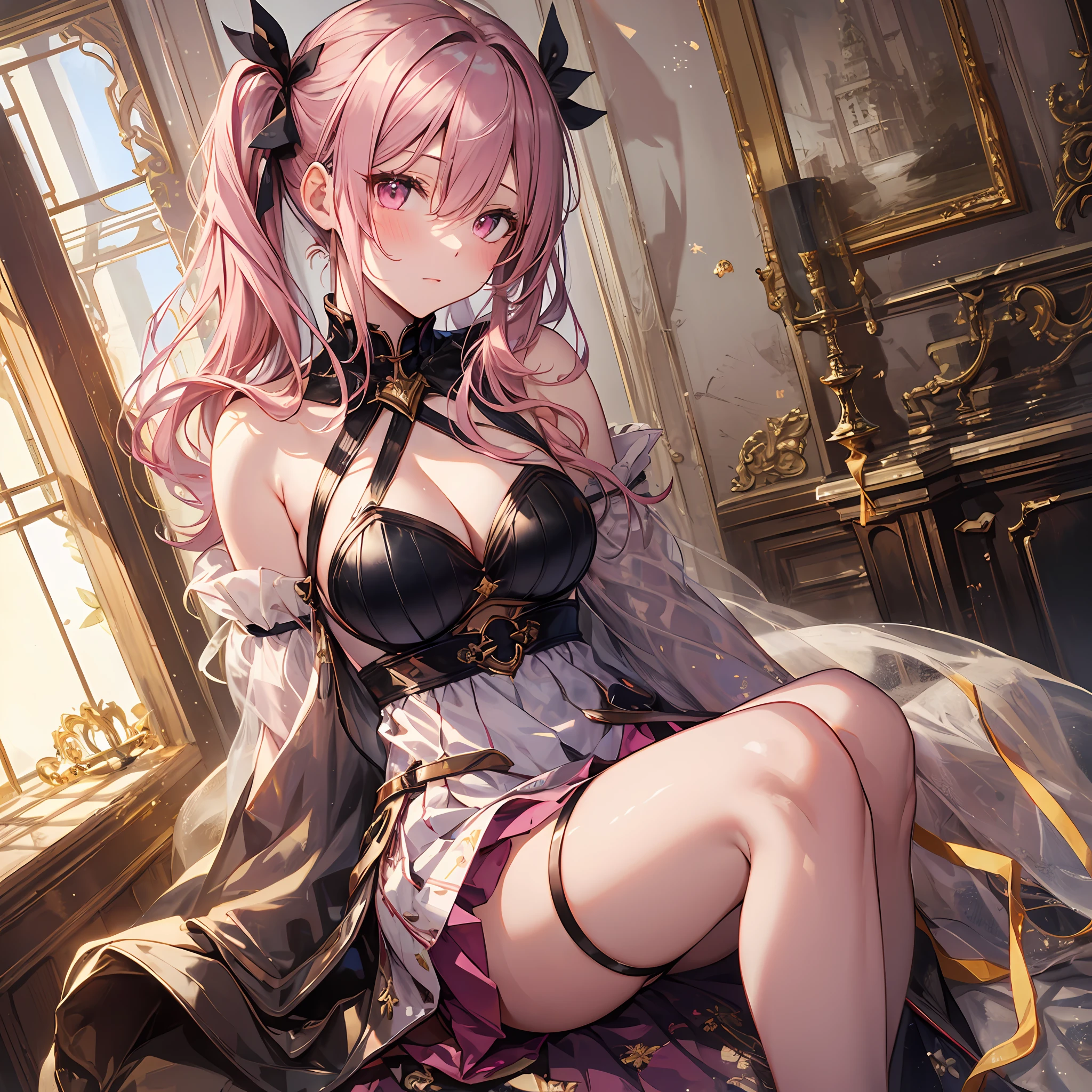 A masterpiece of literary text、best qulity、Asuna\(stars\)、1girls、armature、bare shoulder、blushed、breastplate、Pink eyes、Pink hair、Luxurious dresses、short skirt、Lambent Light、slong hair、Watch your audience、Golden Ribbon、ribbons、scabbard、White dress ponytails Hairy hair Castle room Room with atmosphere