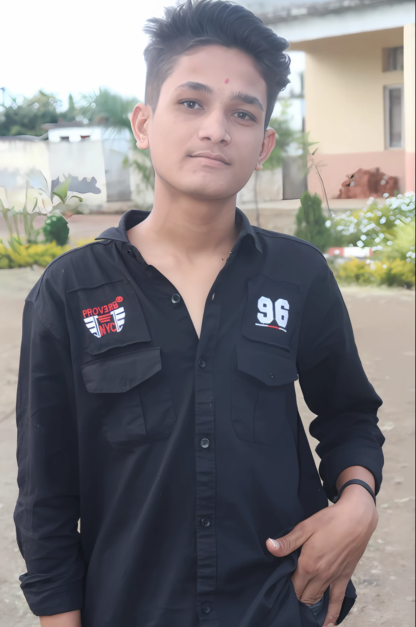 arafed man in black shirt standing in front of a house, around 1 9 years old, 18 years old, ayan nag, vastayan, 1 6 years old, riyahd cassiem, 1 9 year old, mohamed chahin, very very low quality picture, with accurate face, taken with canon 8 0 d, full body photogenic shot