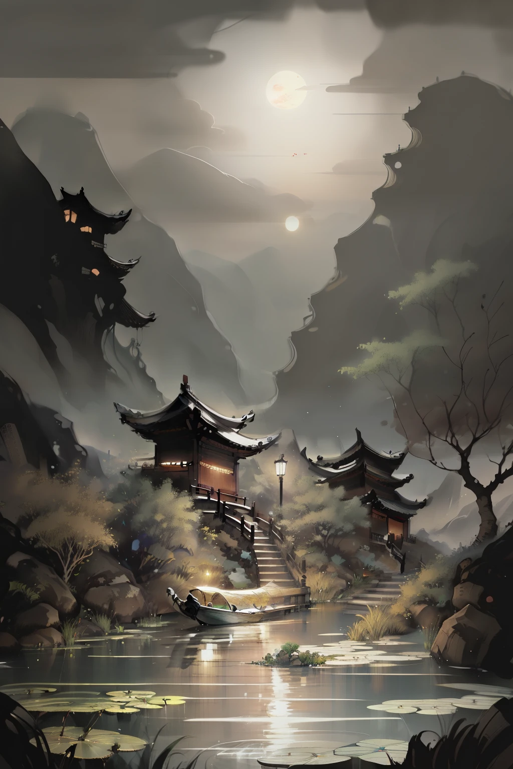 masterpiece,best quality,Chinese martial arts style,an asian night scene with lanterns and water lilies,asian pond with many lanterns and boatsa night scene with many lights and boats in the water, Lake surface, lotus flowers,beautiful night scene,(((Chinese martial arts style))), with vast sky, continuous mountains and steep cliffs, ink wash style, outline light, atmospheric atmosphere, depth of field, mist rising, bamboo, pine trees, octagonal stone pavilion, waterfall flowing water,big full moon,(No color) , Monochrome, light color,