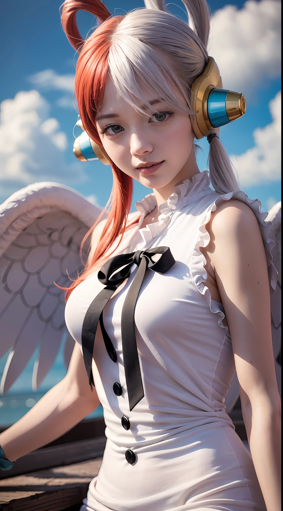masterwork, best qualiy, Highresolution, 1girls, split-color hair, Hair above one eye, (red hairs:1.2), multicolored hair, slong hair, purple eyes, Hair Ring, White dress, headphones, (White hair:1.2), Black ribbon, Bangs, Sleeveless, mid chest, Angel Wings、chicken、full - body、Sorrisos、The sky、Blue sky、