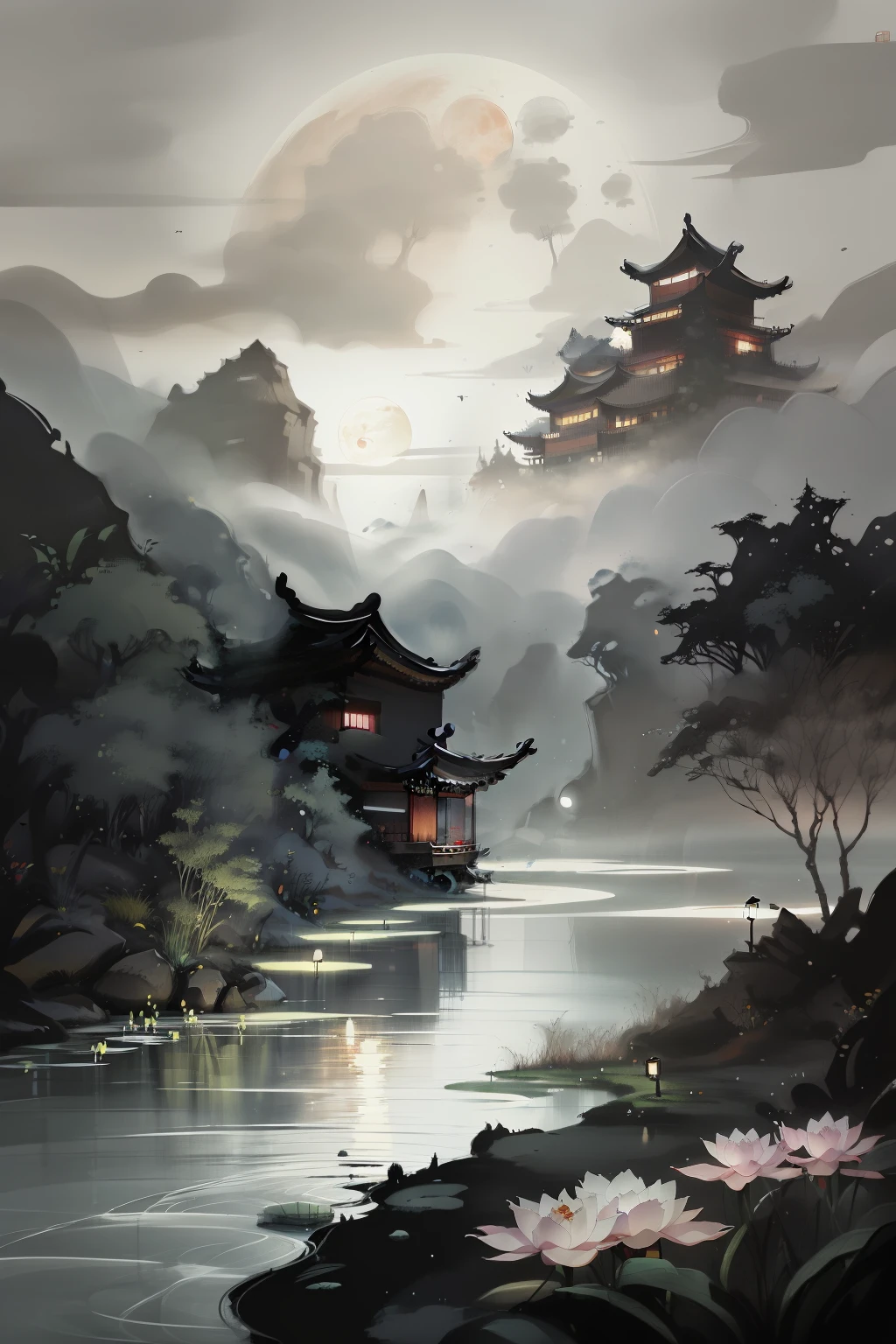 masterpiece,best quality,Chinese martial arts style,an asian night scene with lanterns and water lilies,asian pond with many lanterns and boatsa night scene with many lights and boats in the water, Lake surface, lotus flowers,beautiful night scene,(((Chinese martial arts style))), with vast sky, continuous mountains and steep cliffs, ink wash style, outline light, atmospheric atmosphere, depth of field, mist rising, bamboo, pine trees, octagonal stone pavilion, waterfall flowing water,big full moon,(No color) , Monochrome, light color,