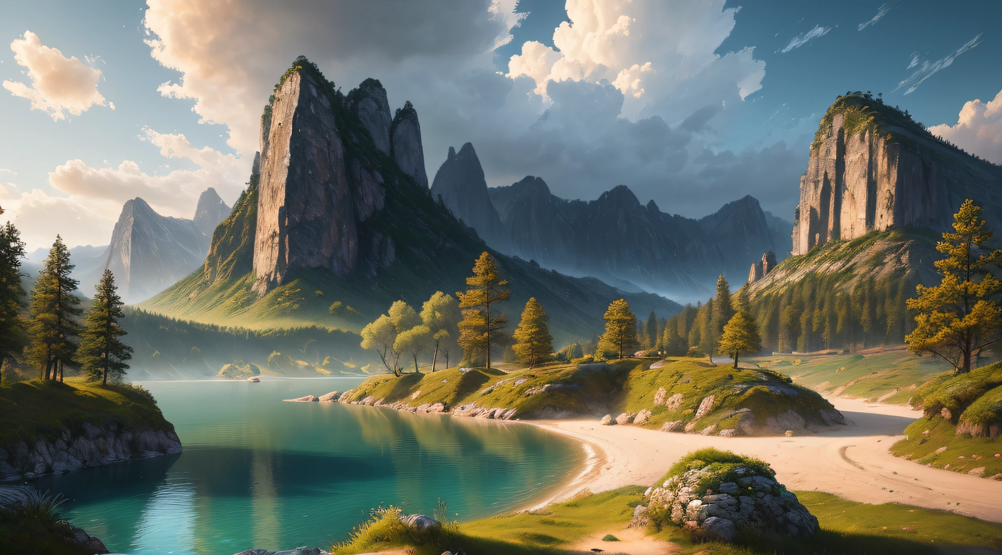 landscape, water, (extremely detailed CG unity 8k wallpaper), most beautiful artwork in the world, professional majestic oil painting, intricate, High Detail, Sharp focus, dramatic, photorealistic painting art