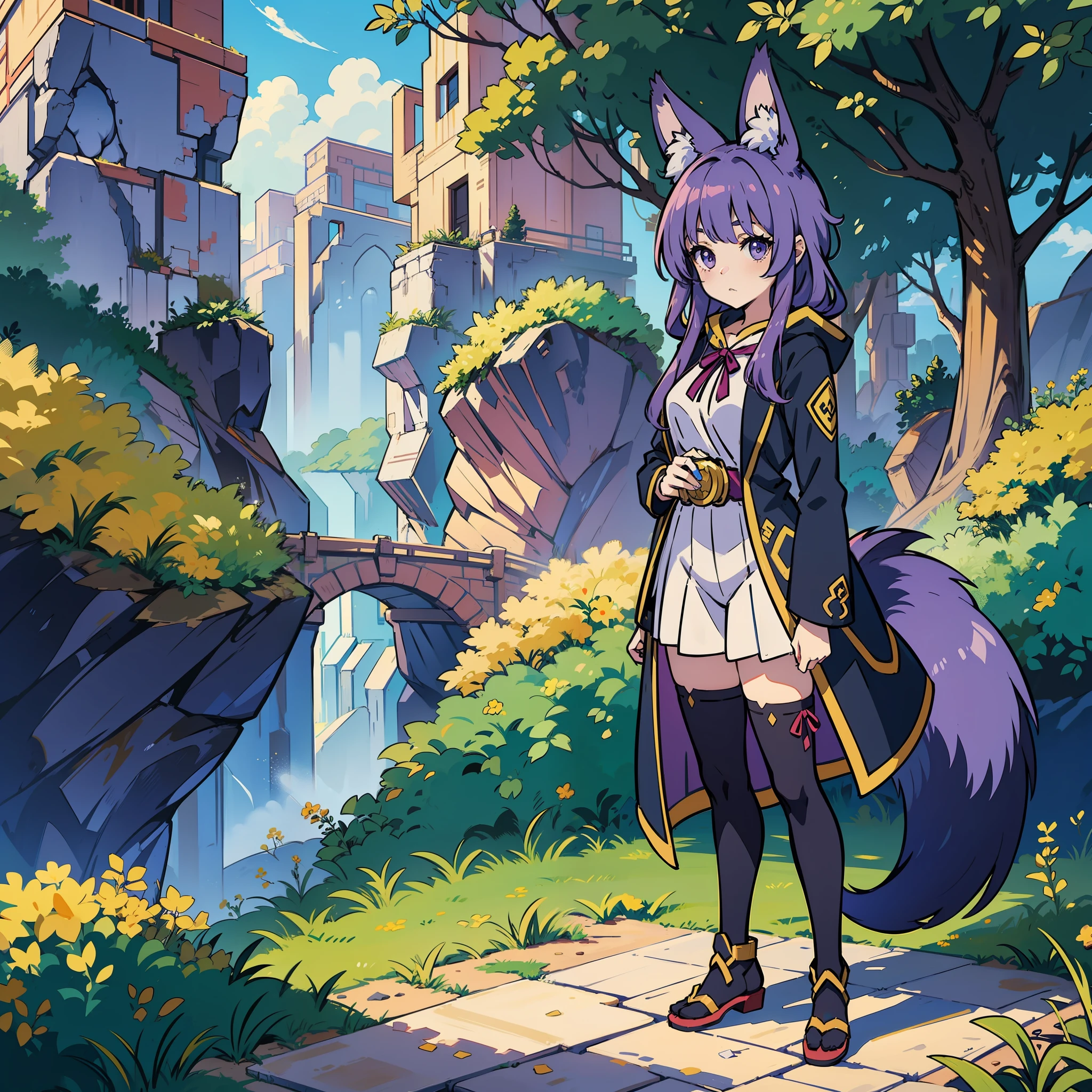 Fox ears、Fox tail、Purple hair、long-hair、Kigurumi、Standing Picture、Shorter、mic、full - body、Fantasy background、towns、((full - body))、((masterwork))、((Anime filling))、anime character、Moe Character