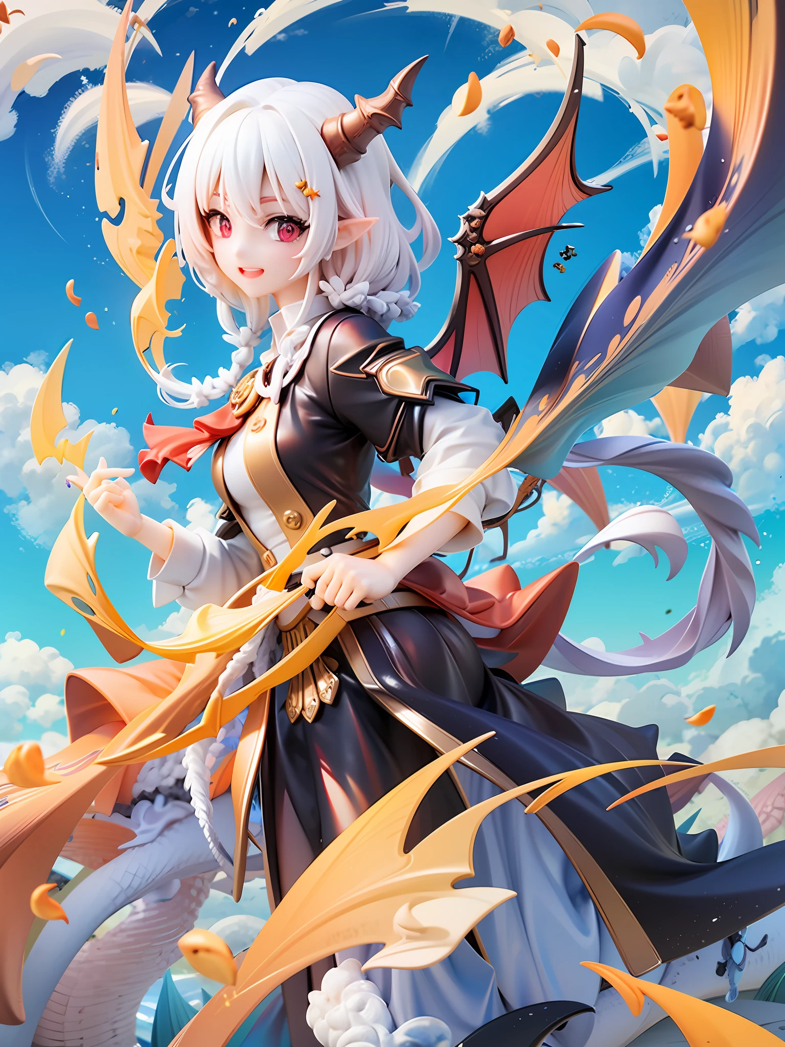 1girls、Dragon、Red eyes、Sharp eye light、Student uniform、Sorrisos、White hair、Dragon Wings、Dragon's horn、Dragon's tail, The sky, Blue sky, are flying, Fire effect, flame magic, Angle from the side、Looking here、