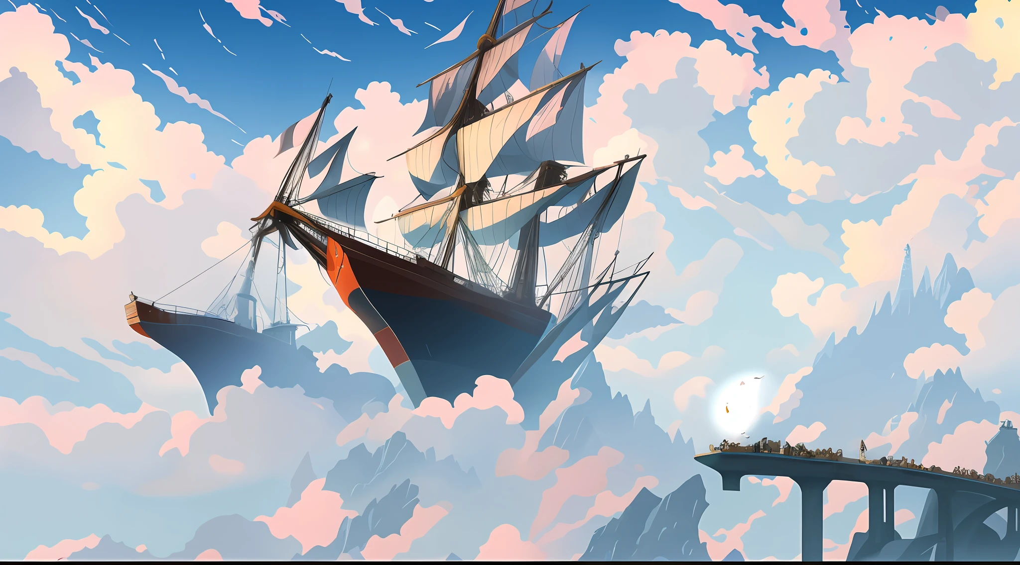 There is a painting,The painting shows a ship floating in the sky, flying ships, flying ships in the background, flying airships, airships, ships with sails underneath, airships, airships, ships, airship in the sky, a beautiful artwork illustration, amazing wallpaper, ships with sails, flying cloud castle, airship in the sky, Anime fantasy artwork