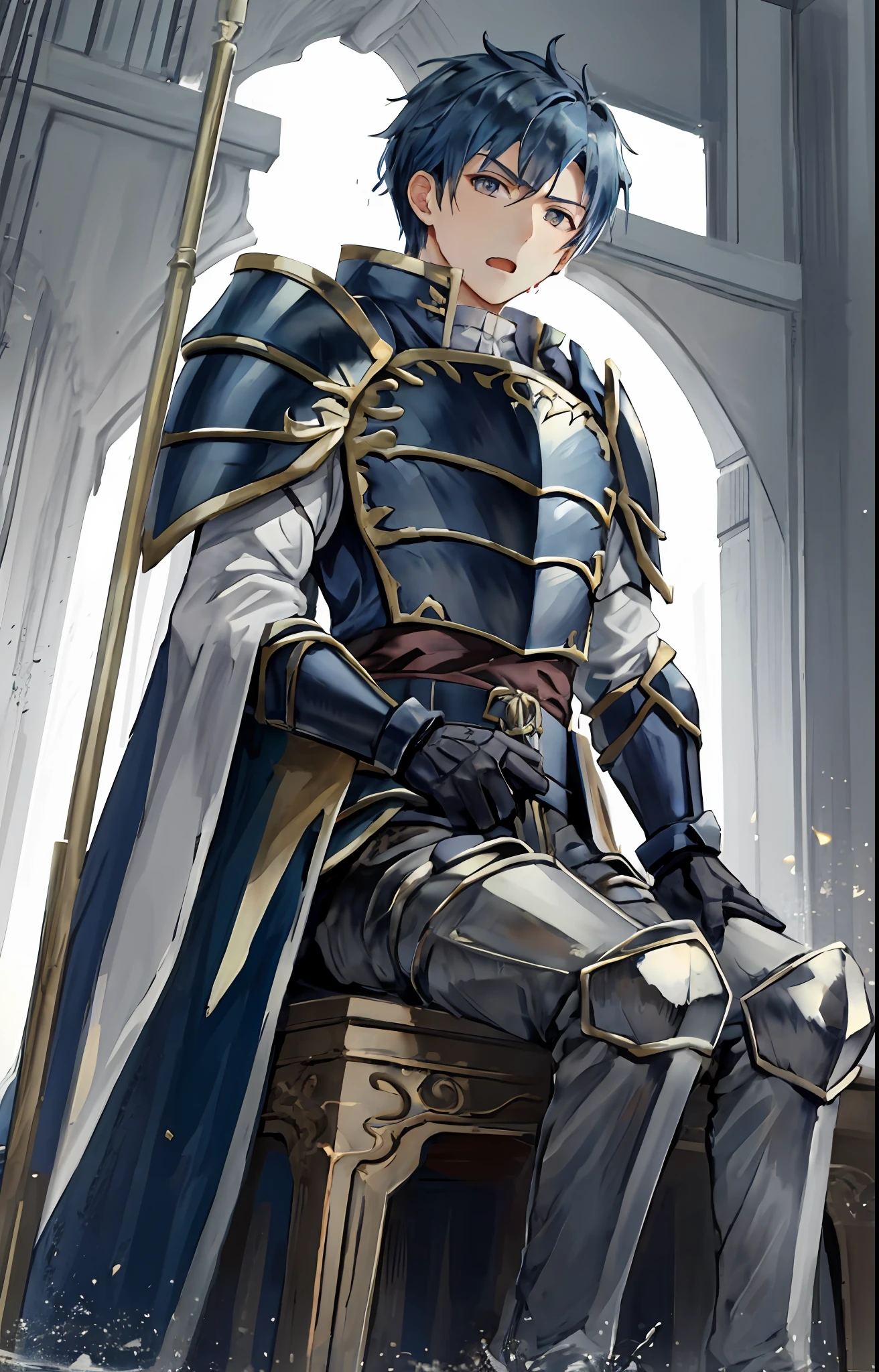 Hector Fey， 独奏， looks at the viewer， Serious， Opening Mouth，perspire，Drenched，Get wet，droolng， mitts， 1boys， Blue hair，Male focus，Sit（Sit straddled），Cloak，Armour，From below，