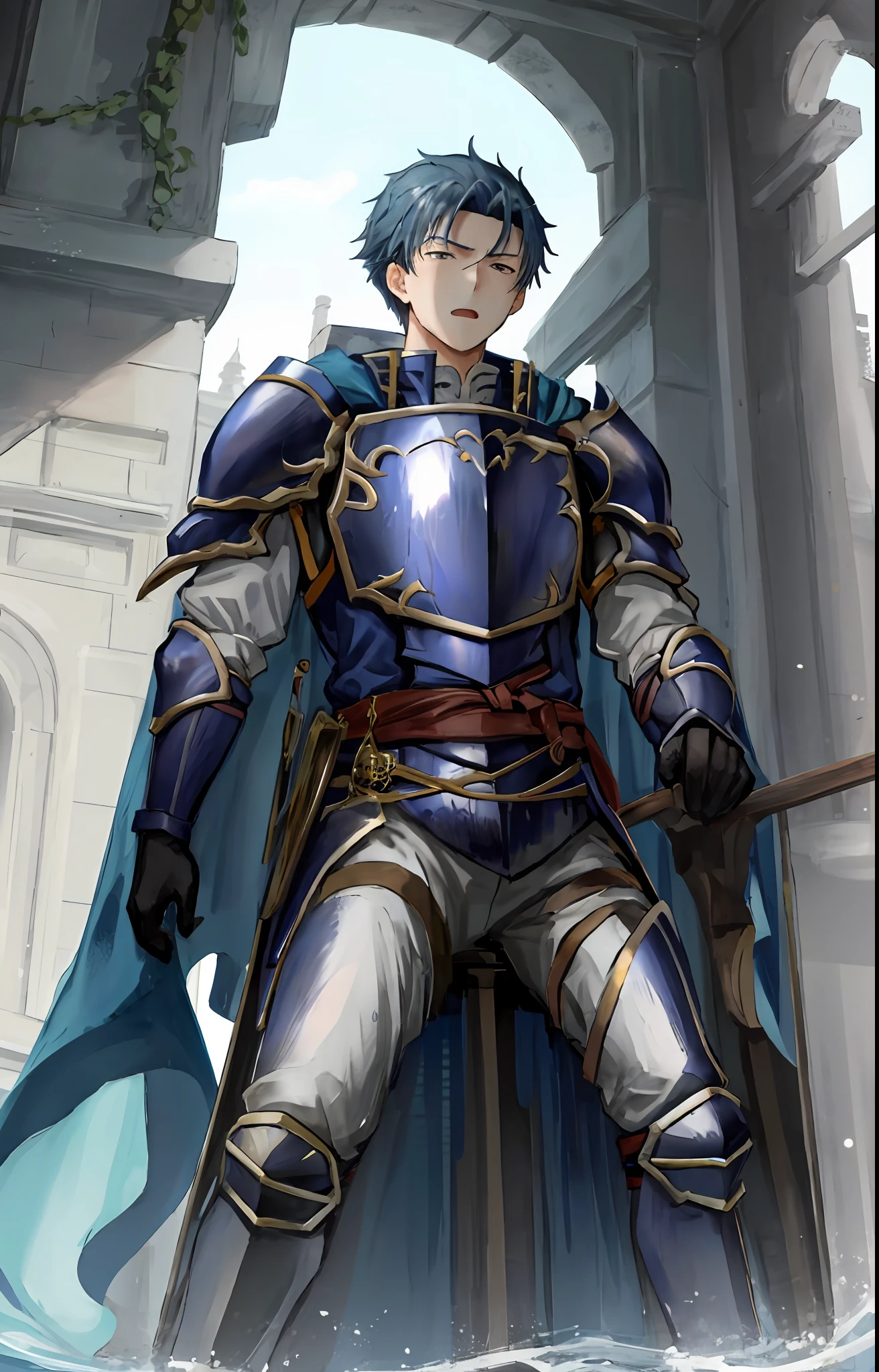 Hector Fey, 独奏, looks at the viewer, Serious, Opening Mouth,perspire,Drenched,Get wet,droolng, mitts, 1boys, Blue hair,Male focus,Sit(Sit straddled),Cloak,Armour,From below,