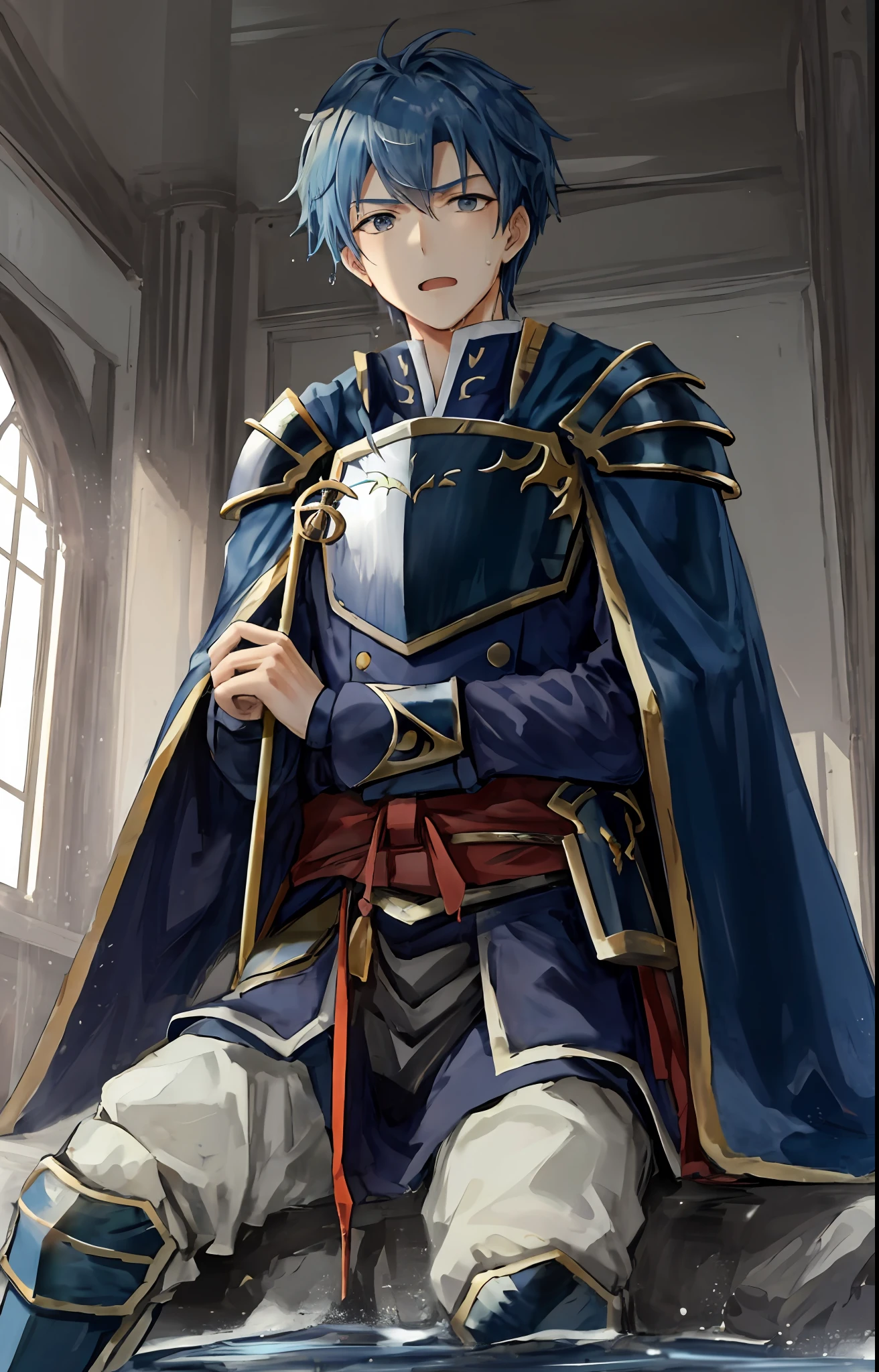 Hector Fey， 独奏， looks at the viewer， Serious， Opening Mouth，perspire，Drenched，Get wet，droolng， mitts， 1boys， Blue hair，Male focus，Sit（Sit straddled），Cloak，Armour，From below，