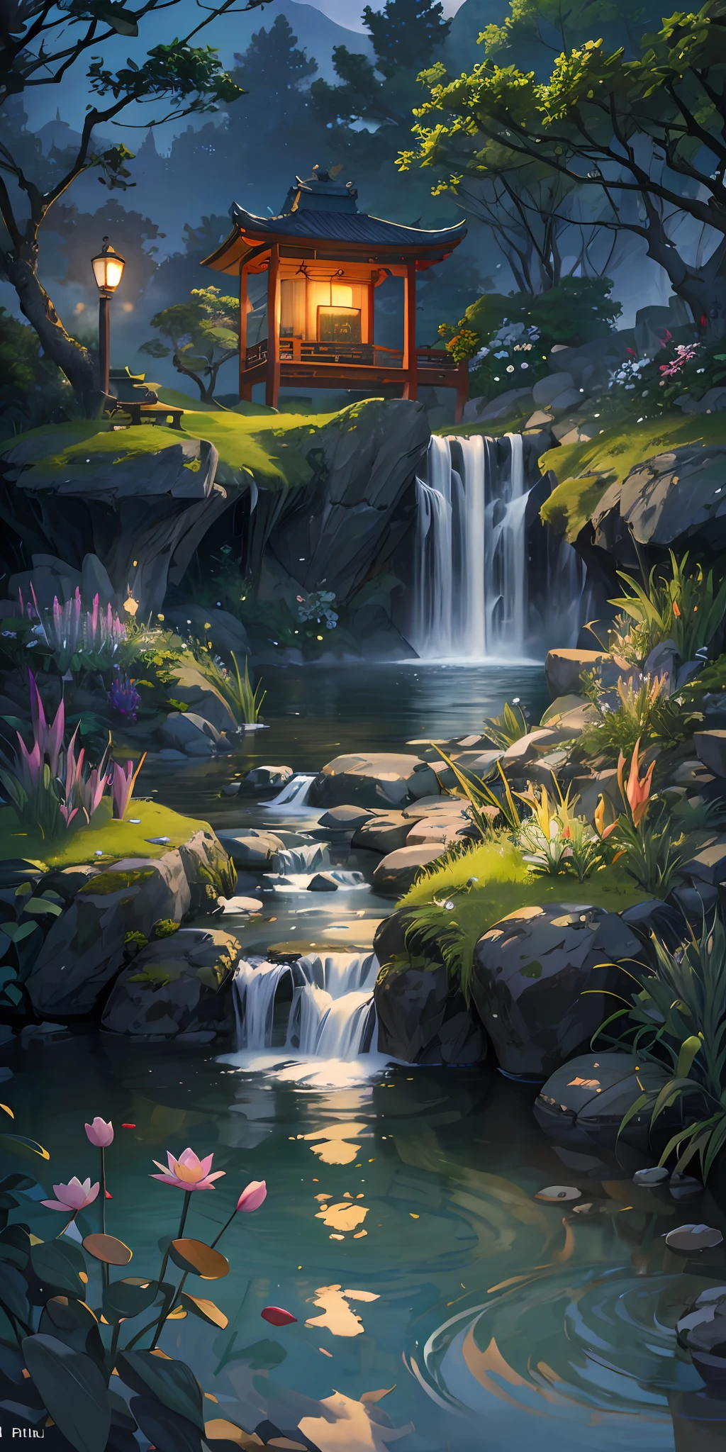 Ancient Chinese architecture, moon, night, garden, bamboo, lake, stone bridge, rockery, arch, corner, rockery, tree, running water, landscape, outdoor, waterfall, grass, rock, water lily, hot spring, water vapor, (Illustration: 1.0 ), Epic Composition, Realistic Lighting, HD Details, Masterpiece, Best Quality, (Very Detailed CG Unity 8k Wallpaper), (Best Quality)