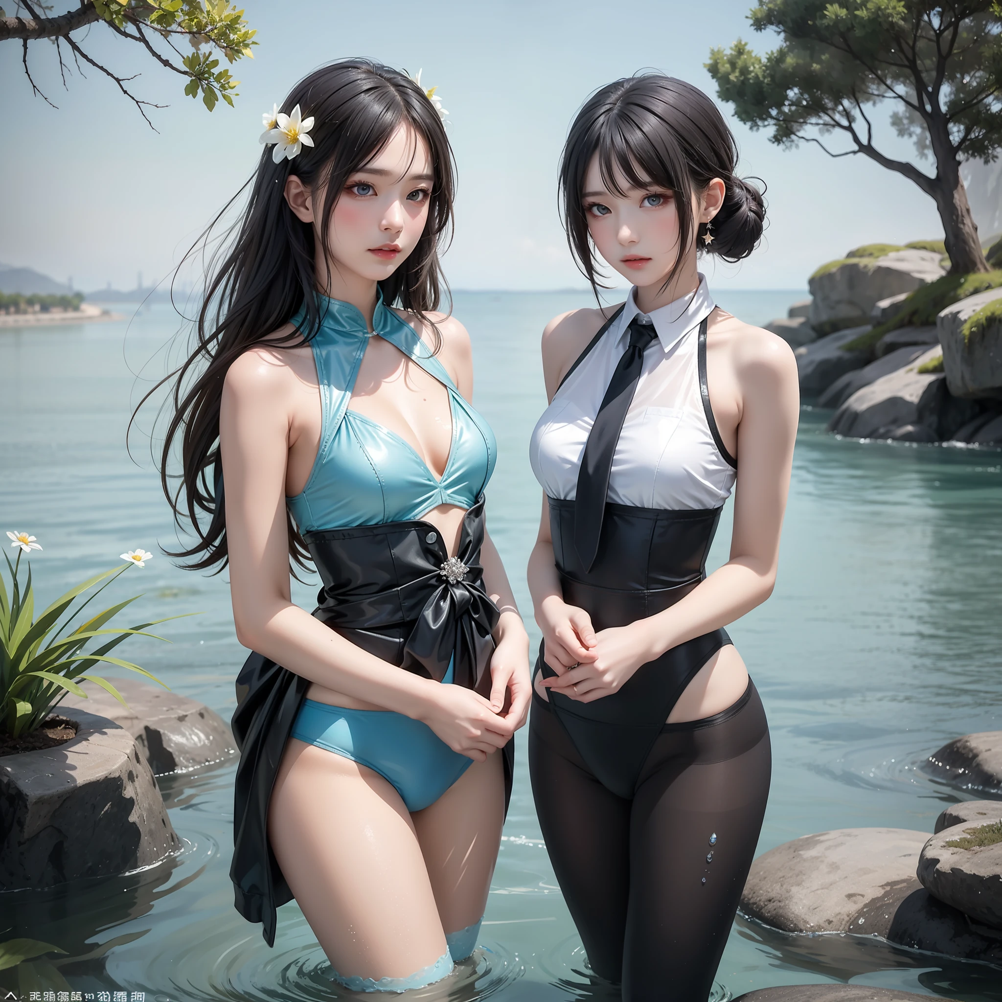 Sparkling lake，Trees overgrow，A hundred flowers argue。
Beautiful girl，Flowing hair and crystal clear lake water，untidy，Flowing，melt，Water mist effect，Elegant blue gradient，intricated，octane render aesethic，Depth。Graceful，Graceful，Small man's waist，Vest line，Long legs。
Fitted with a suspender pocket，Colorful swimming trunks，Sexy tights。
Detailed eyes，Starry eyes，shiny glistening eyes，incredible detail，Extreme close-up，The ultra-Realistically，muted colors，Baohe style painting，Transparent fragments，air bubbles，Flowing beads，Everything melts and flows，Fractal，8K